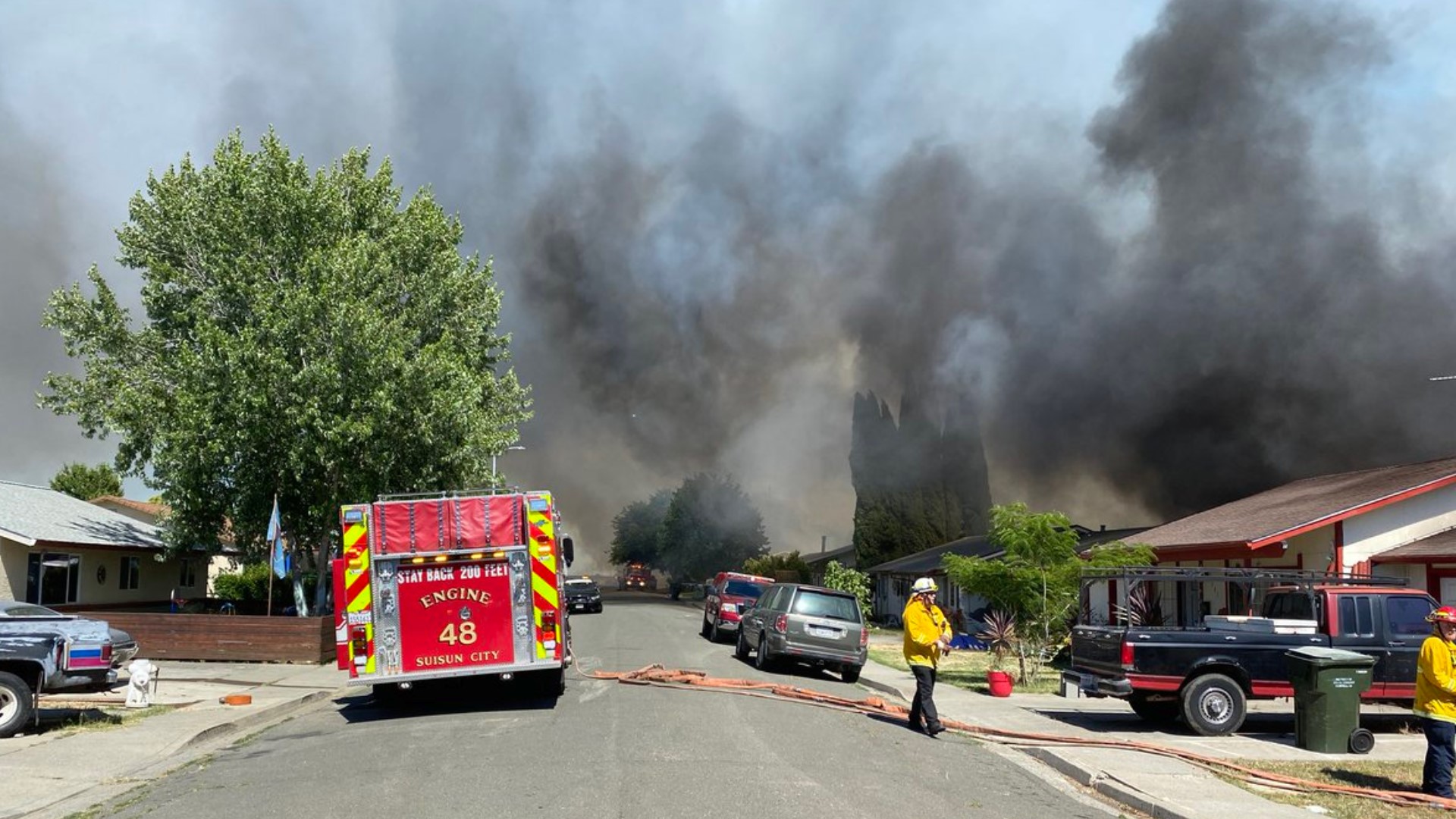 A large four-alarm fire burning in Suisun City is now under control, but not before it destroyed three homes and killed some owls at Suisun Wildlife Center.