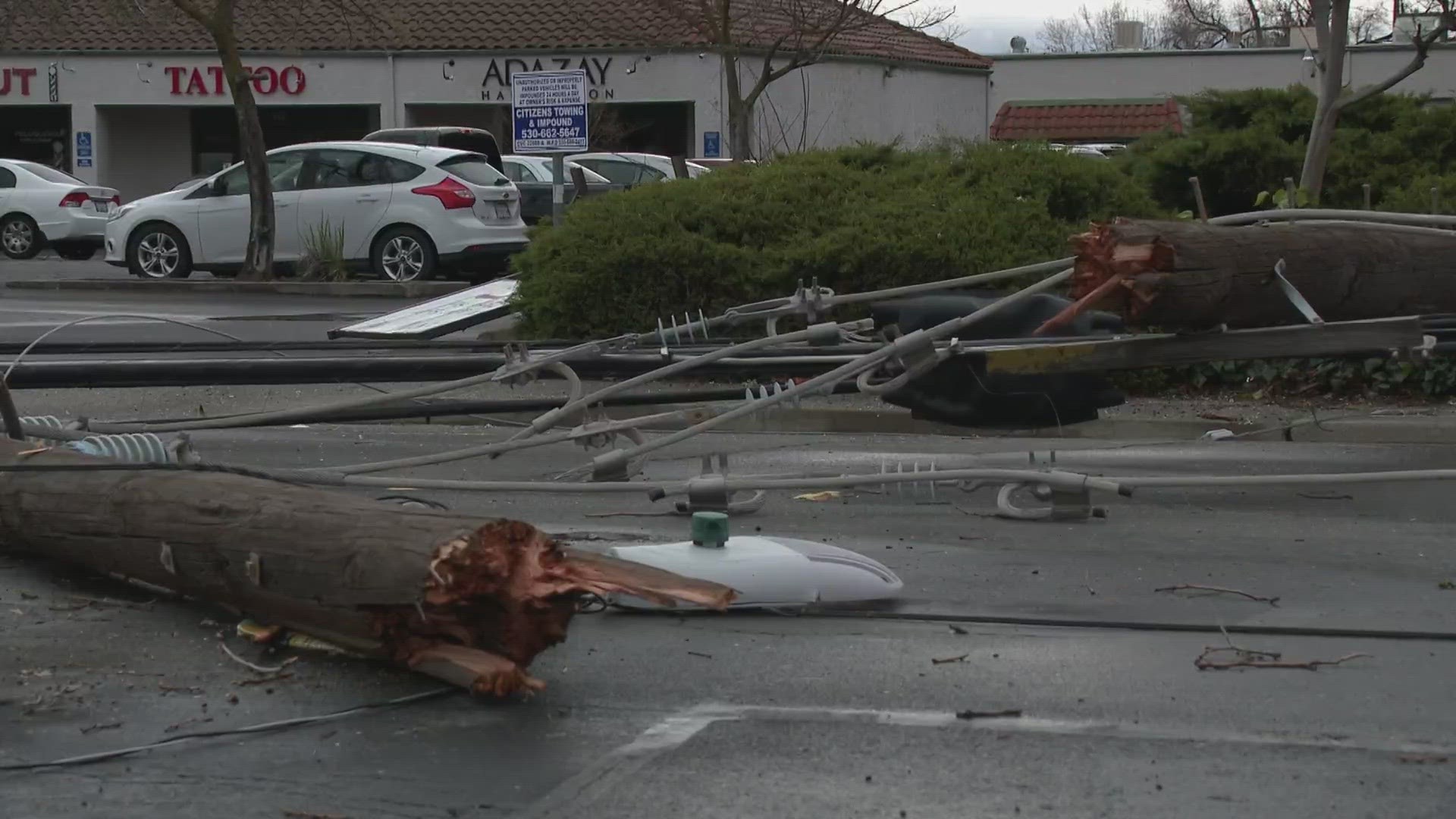 Powerful winds, rain and hail wreaked havoc in Northern California. Power was knocked out in Woodland and trees were toppled.