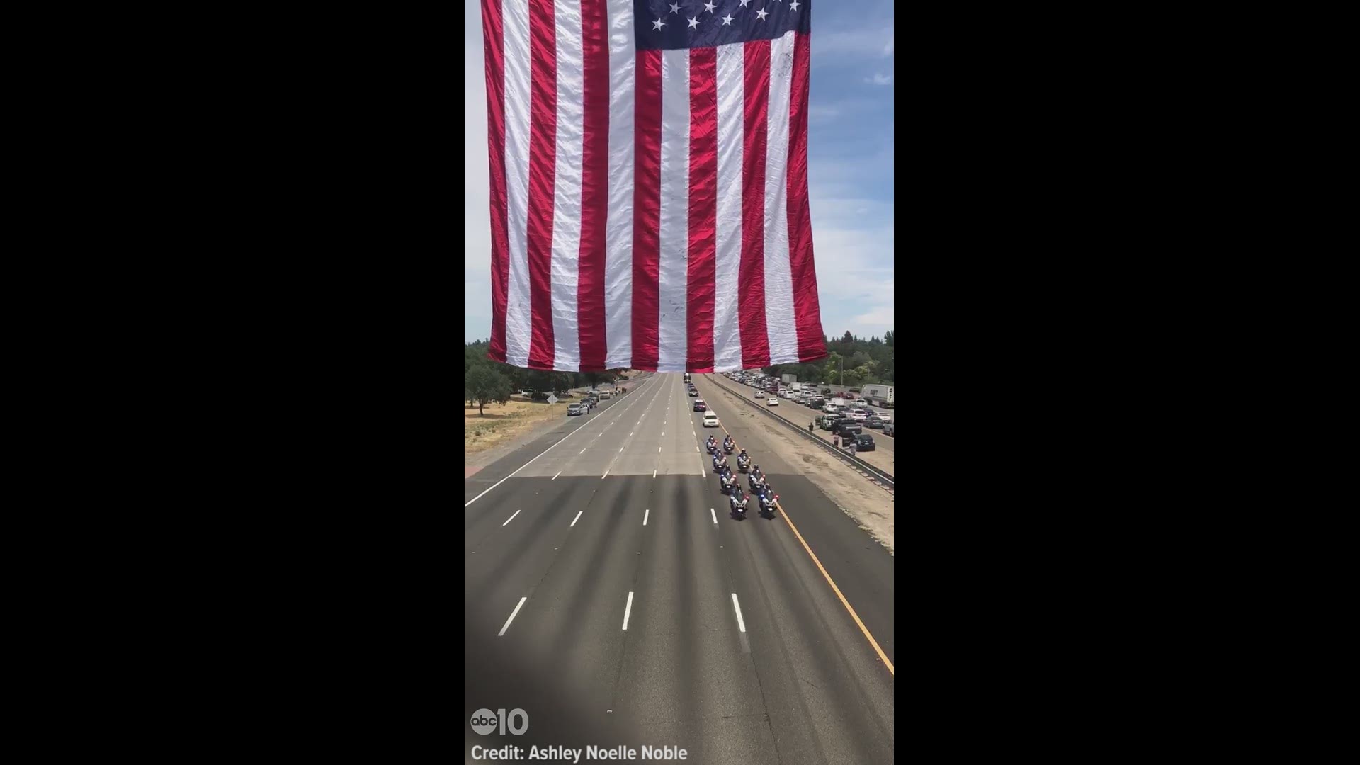 As motorcycles, patrol cars and a hearse drive to Officer O'Sullivan's final resting place in Elk Grove, the procession passes under an overpass on Greenback Lane in Citrus Heights, as the American Flag waves slowly in the wind. 

ABC10 Viewer Ashley Noelle Noble sent us this video of the memorial procession for Fallen Officer Tara O'Sullivan.