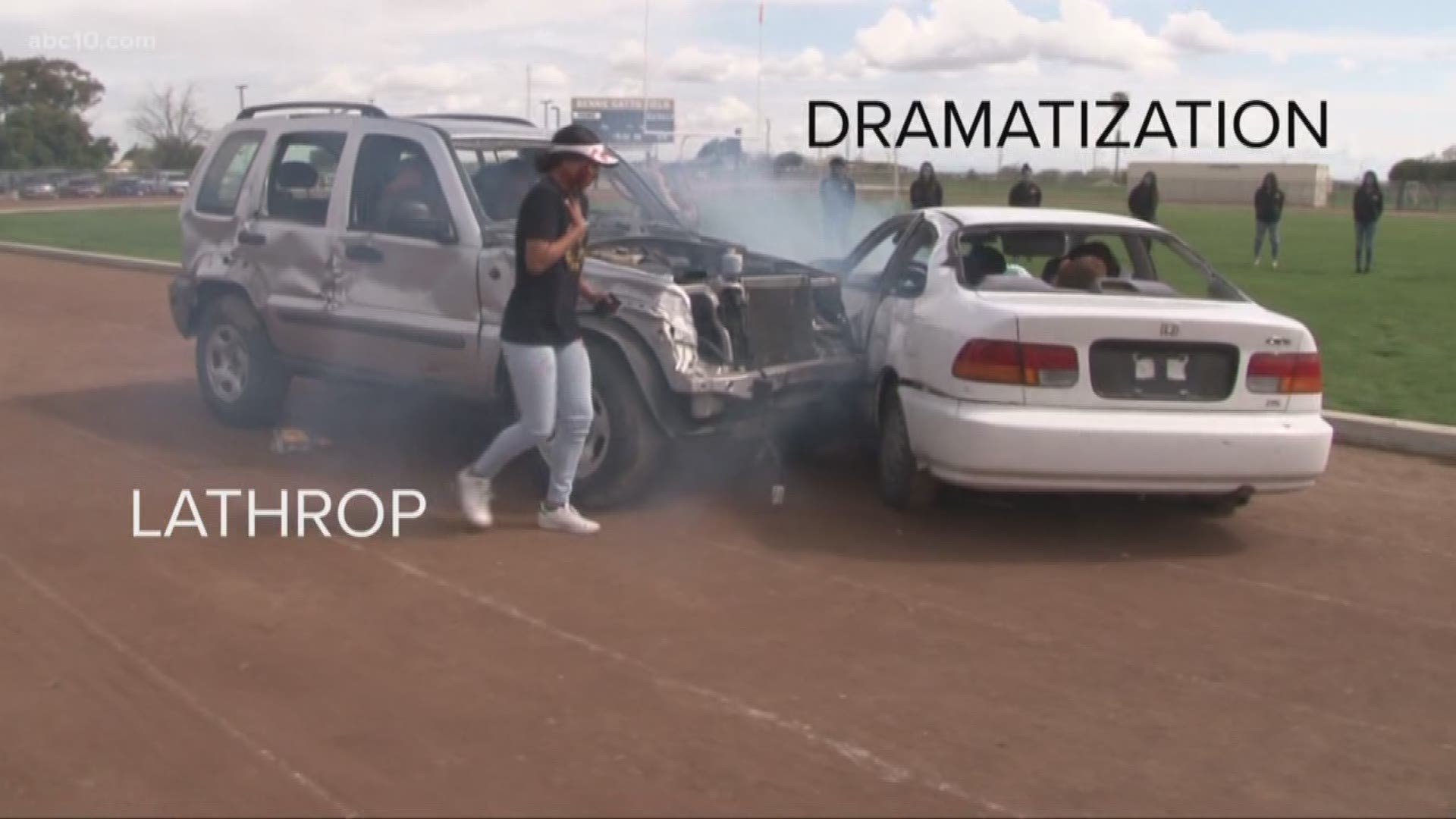 The scenario depicted a two-vehicle crash between an SUV and a sedan, filled with "injured" students. The actors playing the crash victims were also students at Lathrop High School.