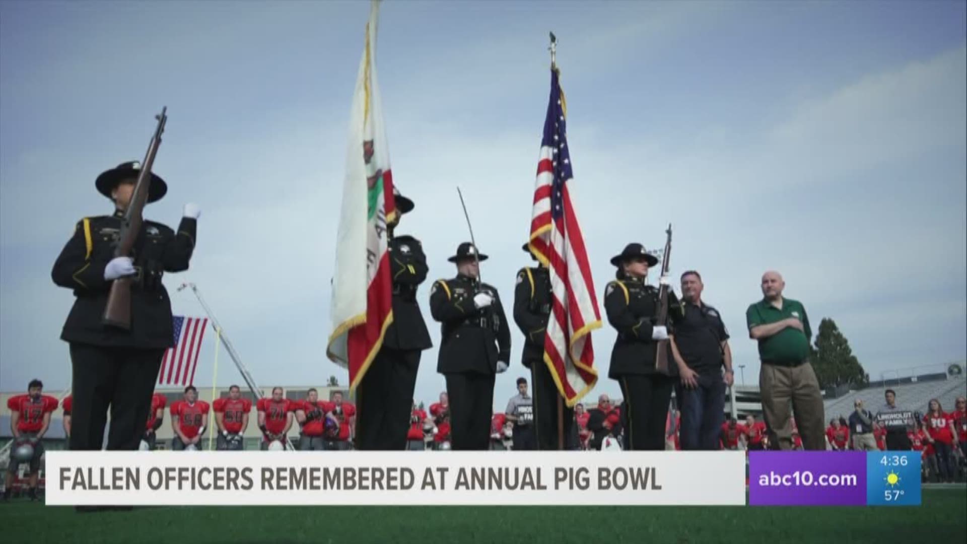 Officers Natalie Corona, Ronil Singh and Deputy Mark Stasyuk were honored Saturday at the 45th Annual Pig Bowl game. The charity football game raises money for local nonprofits and pays tribute to fallen officers. The final score was 24-18 with law enforcement claiming the win.