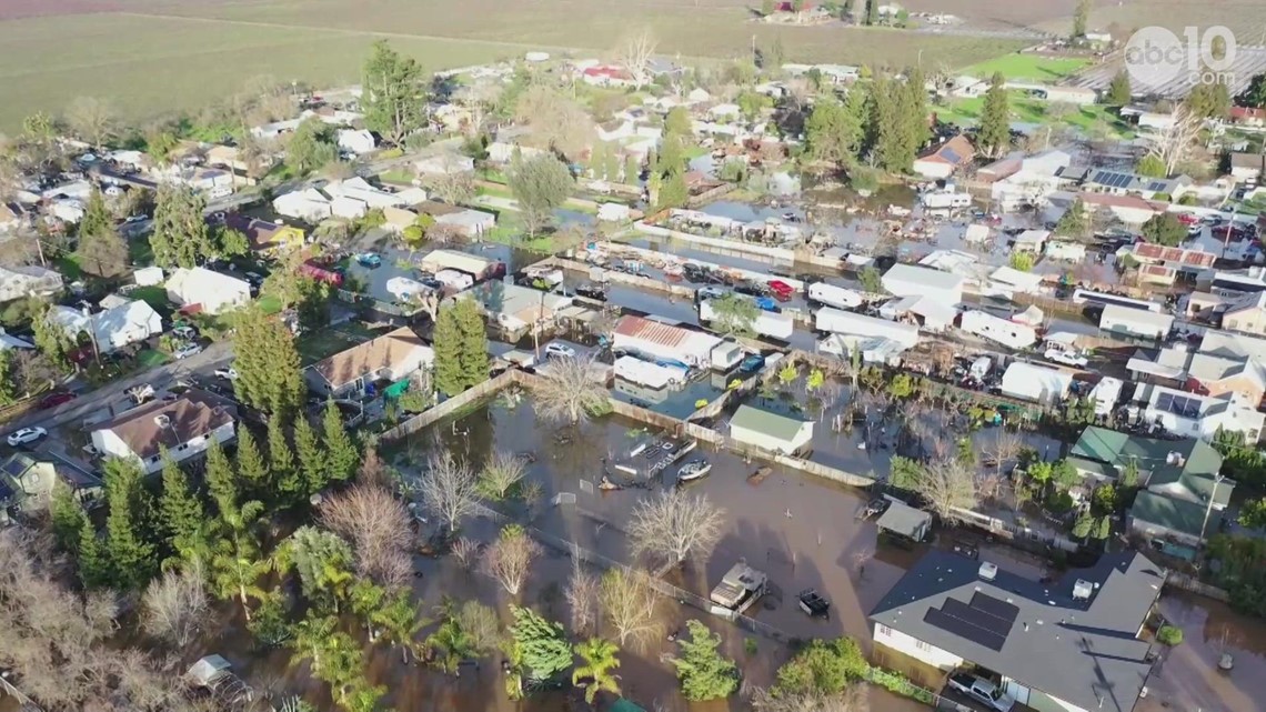 Drone Video Acampo area flooding leads to evacuations at Arbor Mobile