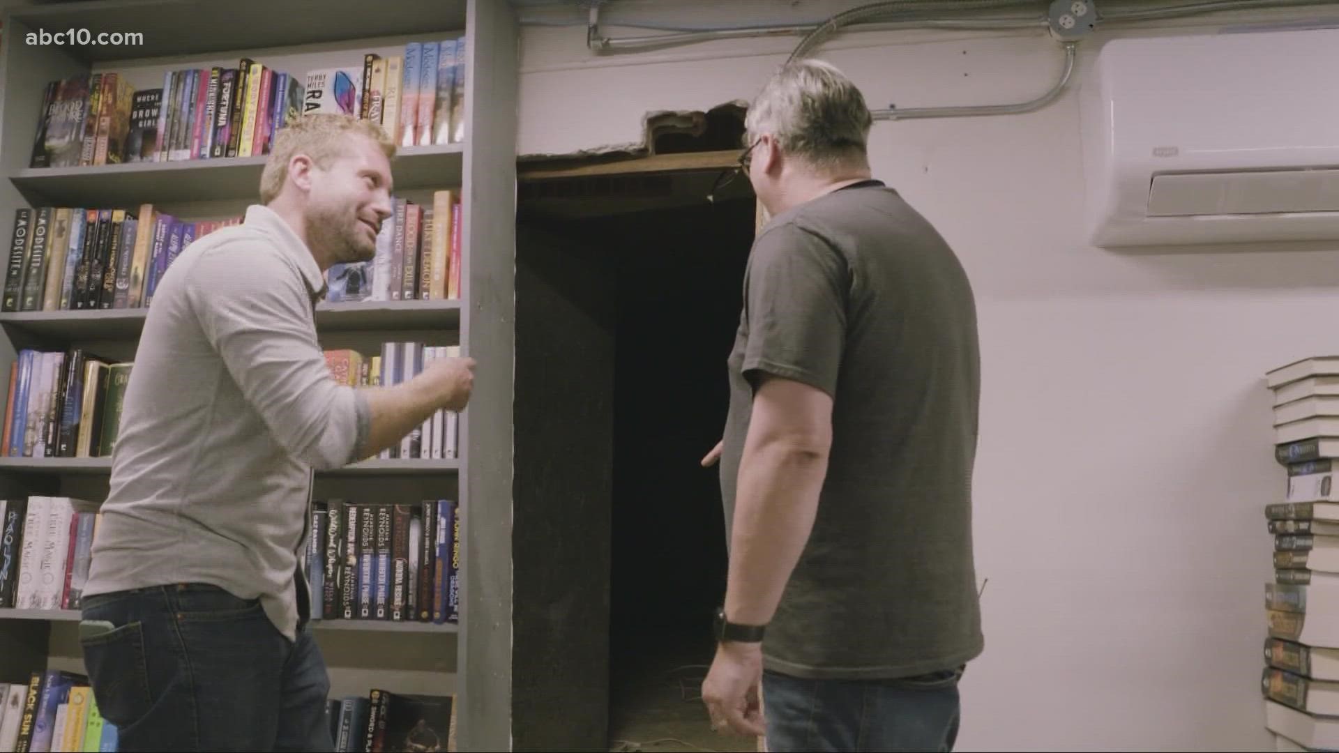 John Bartell tours a bomb shelter located behind a bookshelf in a library, one of Sacramento's many Cold War-era bomb shelters.