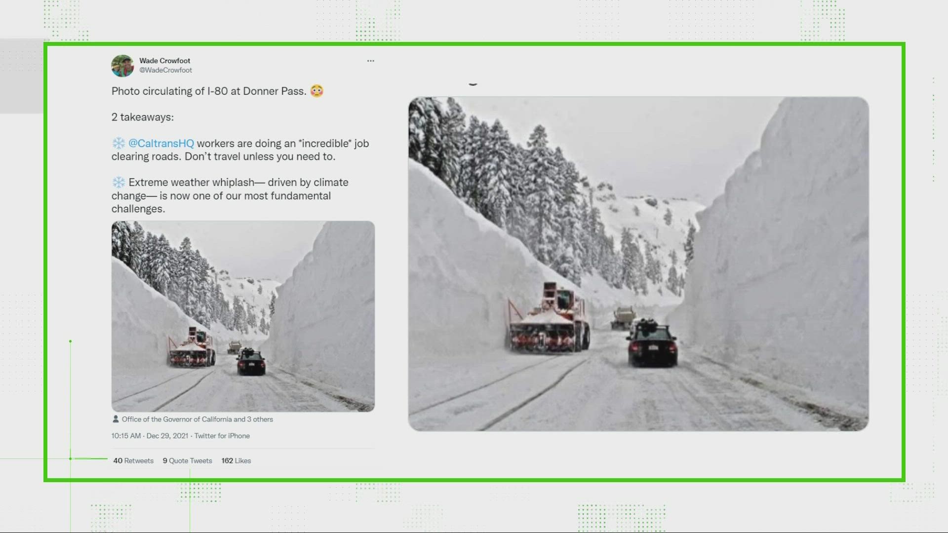 A social media post is claiming 12 feet of snow fell at I-80 at Donner Pass amid recent winter storm.