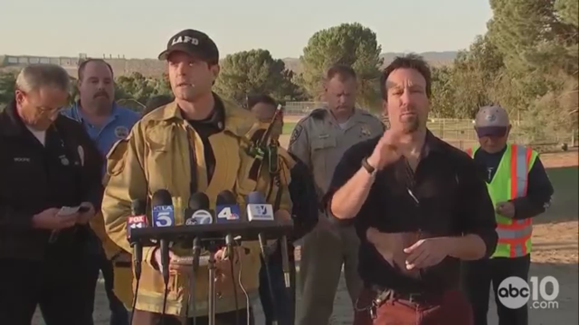 Leaders give an update on the Saddleridge Fire burning near Sylmar, Granada Hills and Porter Ranch in Southern California. The fire has damaged at least 25 houses.