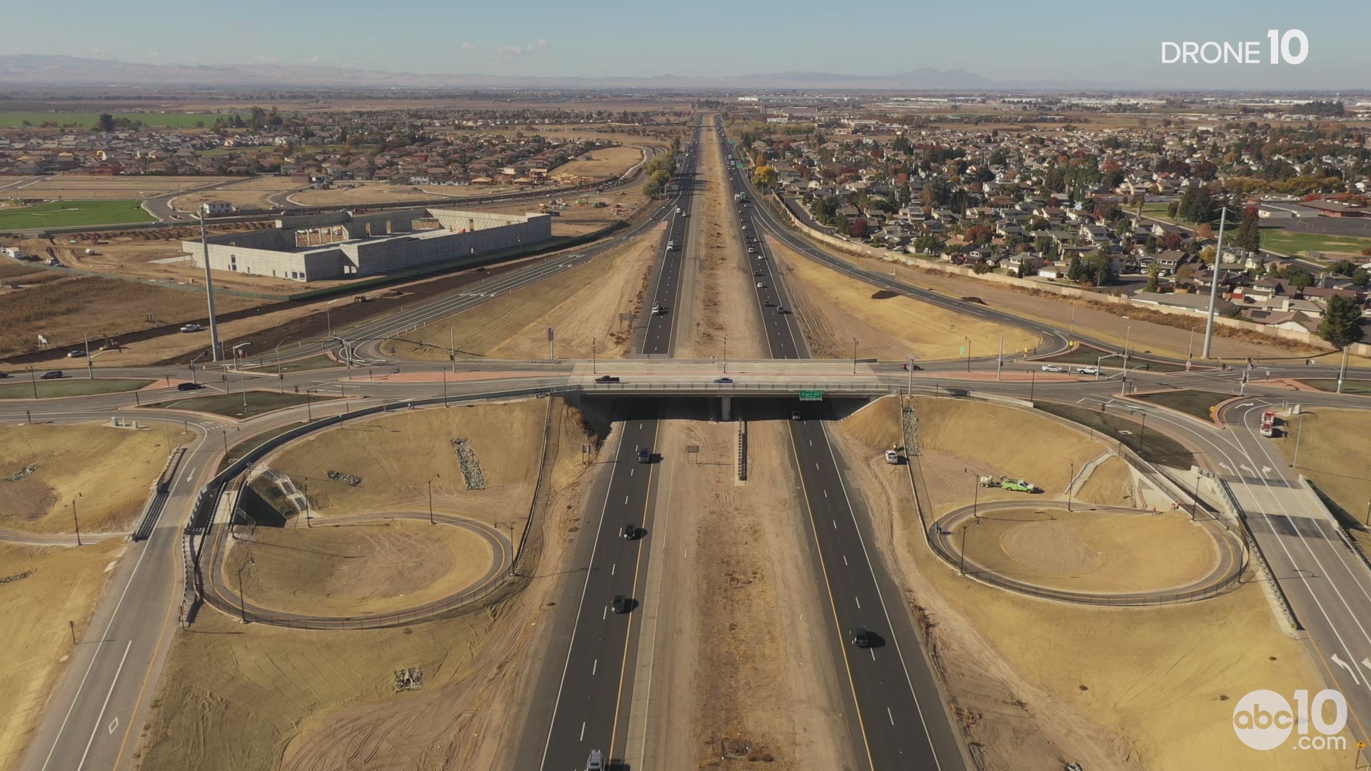 Drone footage of California's first diverging diamond interchange in Manteca. The design is supposed to ease the flow of traffic in the area.
