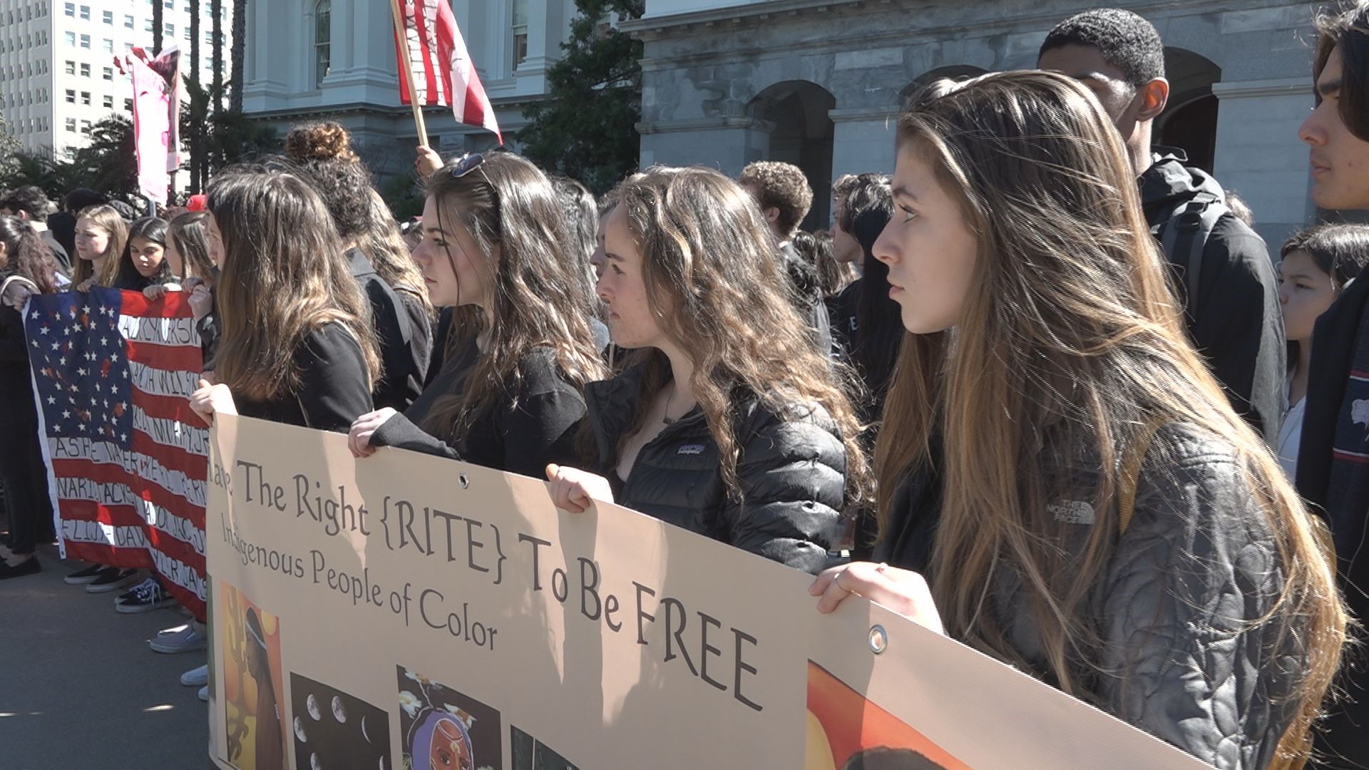 Family members of gun violence victims joined hundreds of students protesting gun violence on the steps of the California state capitol.  They were joined by about 300 students with the group, Bay Area Student Activists (BASA), who wore black to show solidarity.