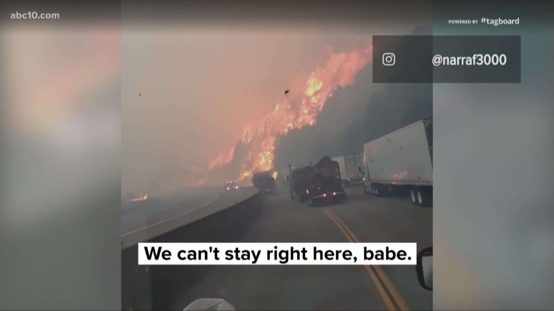 Gripping video of the Delta Fire shows flames burning either side of Interstate 5.