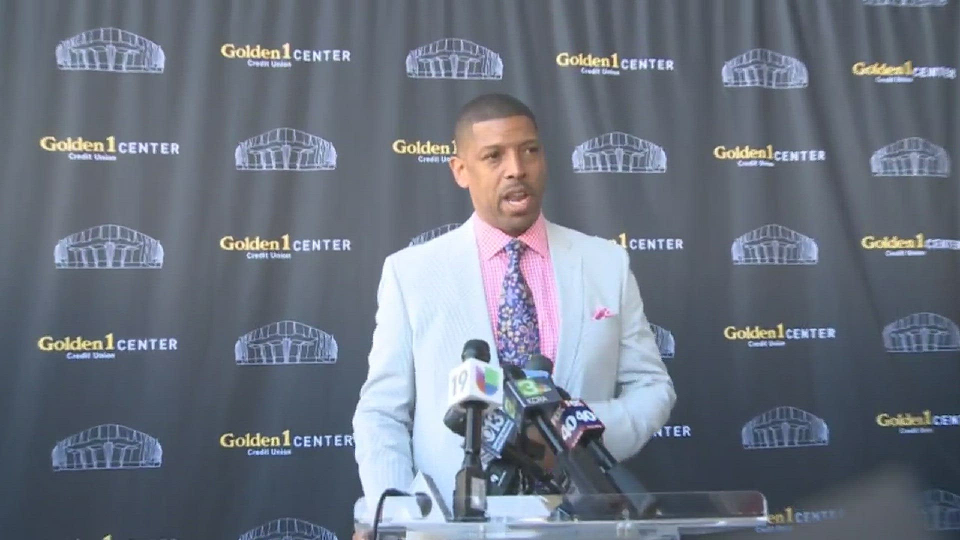 Sacramento Mayor Kevin Johnson speaks to the media about the impact of retired NBA Commissioner David Stern, who was honored at Friday's ribbon cutting ceremony at the Golden 1 Center.