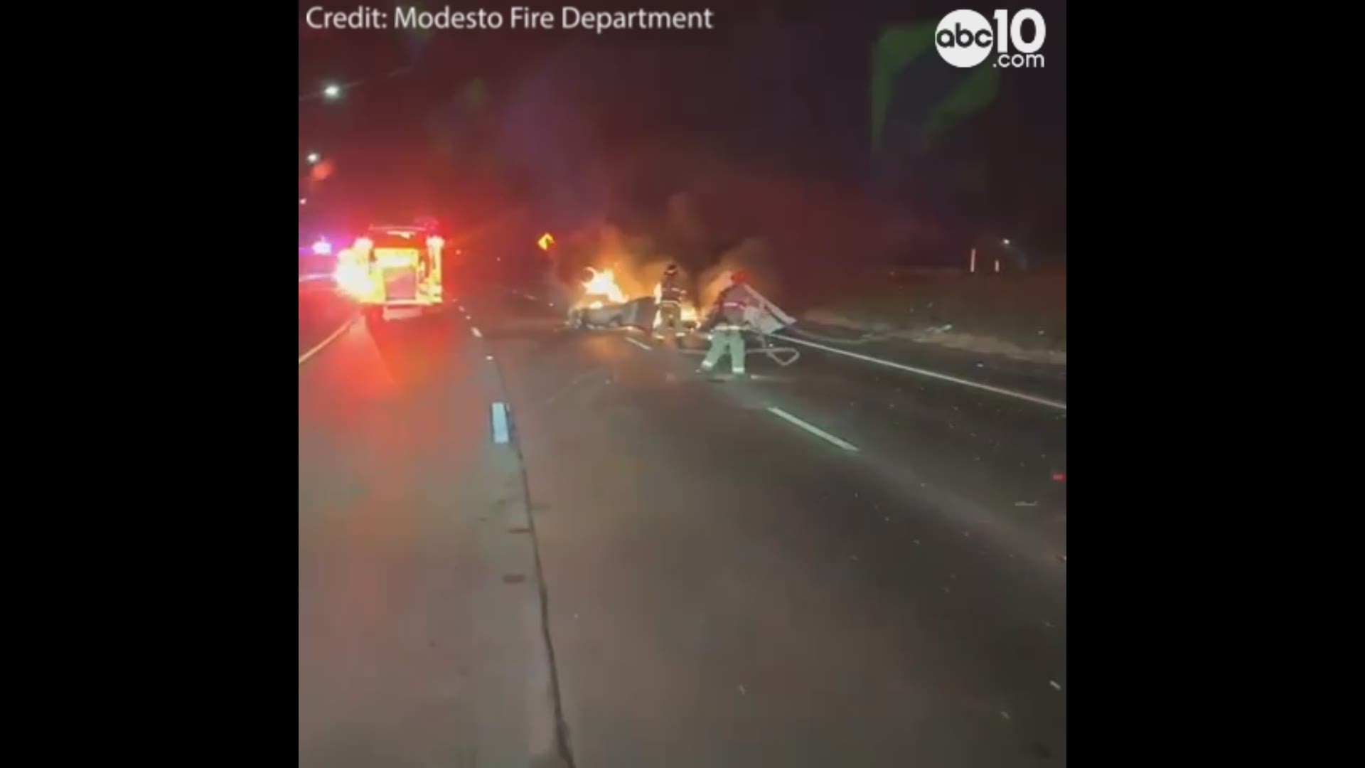 A plane crash in Modesto shut down Highway 99. The plane caught fire after landing on the freeway, but the pilot managed to walk away with very minor injuries.