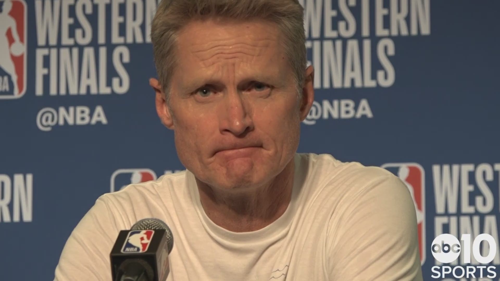 Warriors head coach Steve Kerr talks about Tuesday's 116-94 win in Game 1 of the Western Conference Finals over the Portland Trail Blazers, the performance from Stephen Curry and playing deeper into his bench in this series compared to the Houston series.