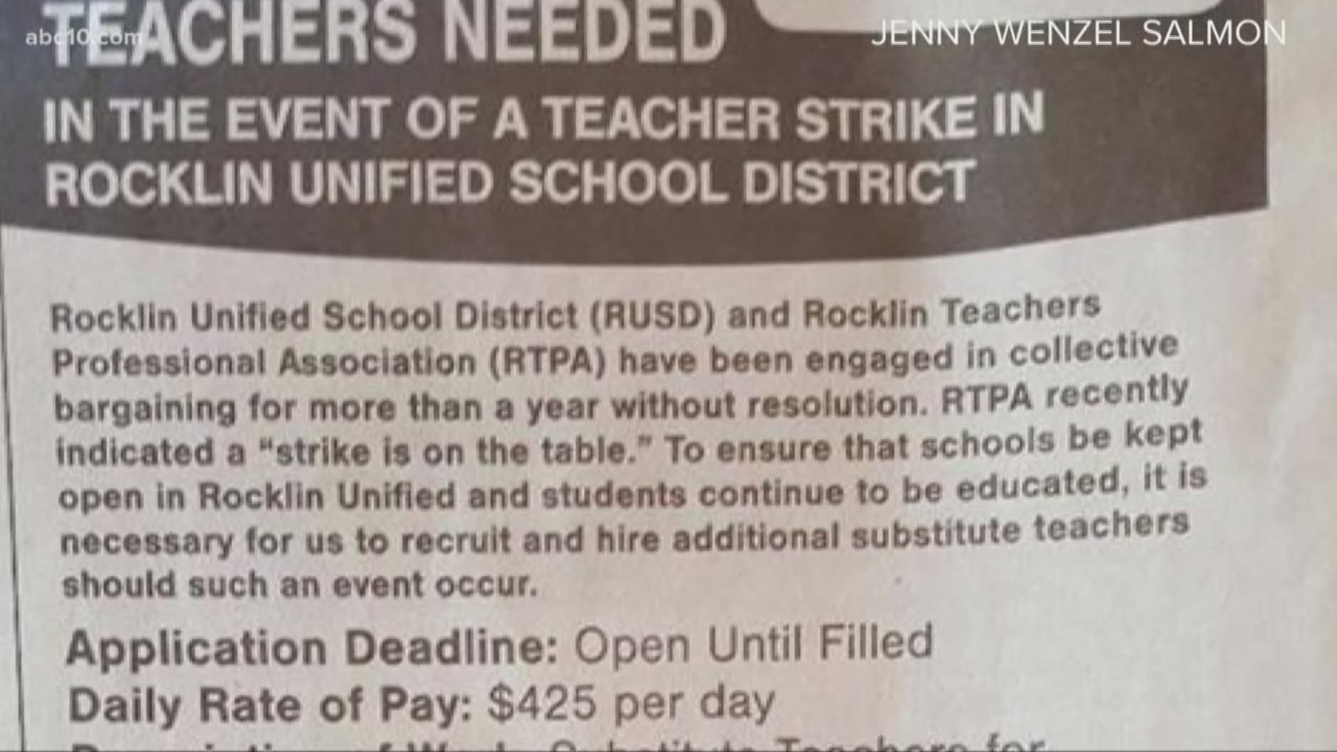 The Rocklin Unified School District looking for substitute teachers for $425 a day in case of a teacher strike.