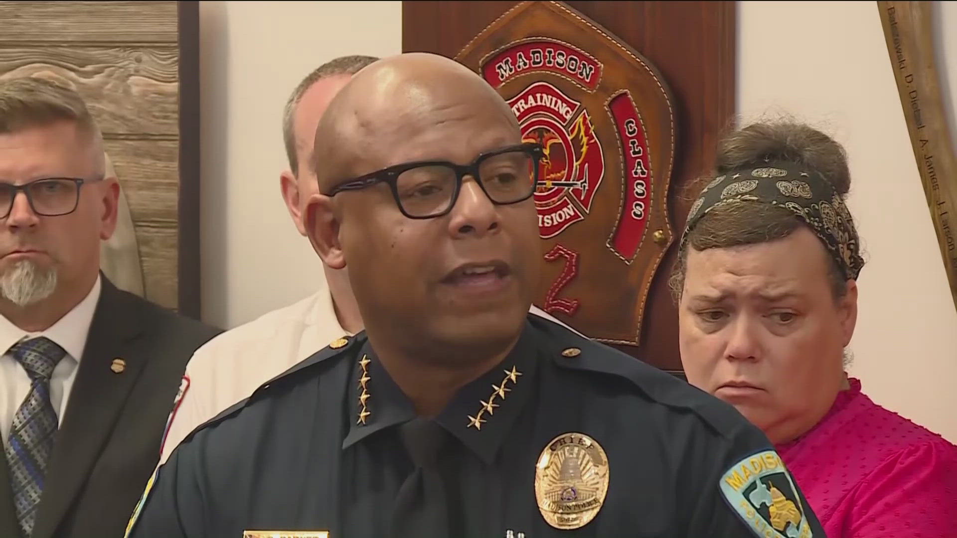 Madison Police Chief Shon Barnes and other authorities local to Dane County, Wisconsin, give an update on the shooting at Abundant Life Christian School.