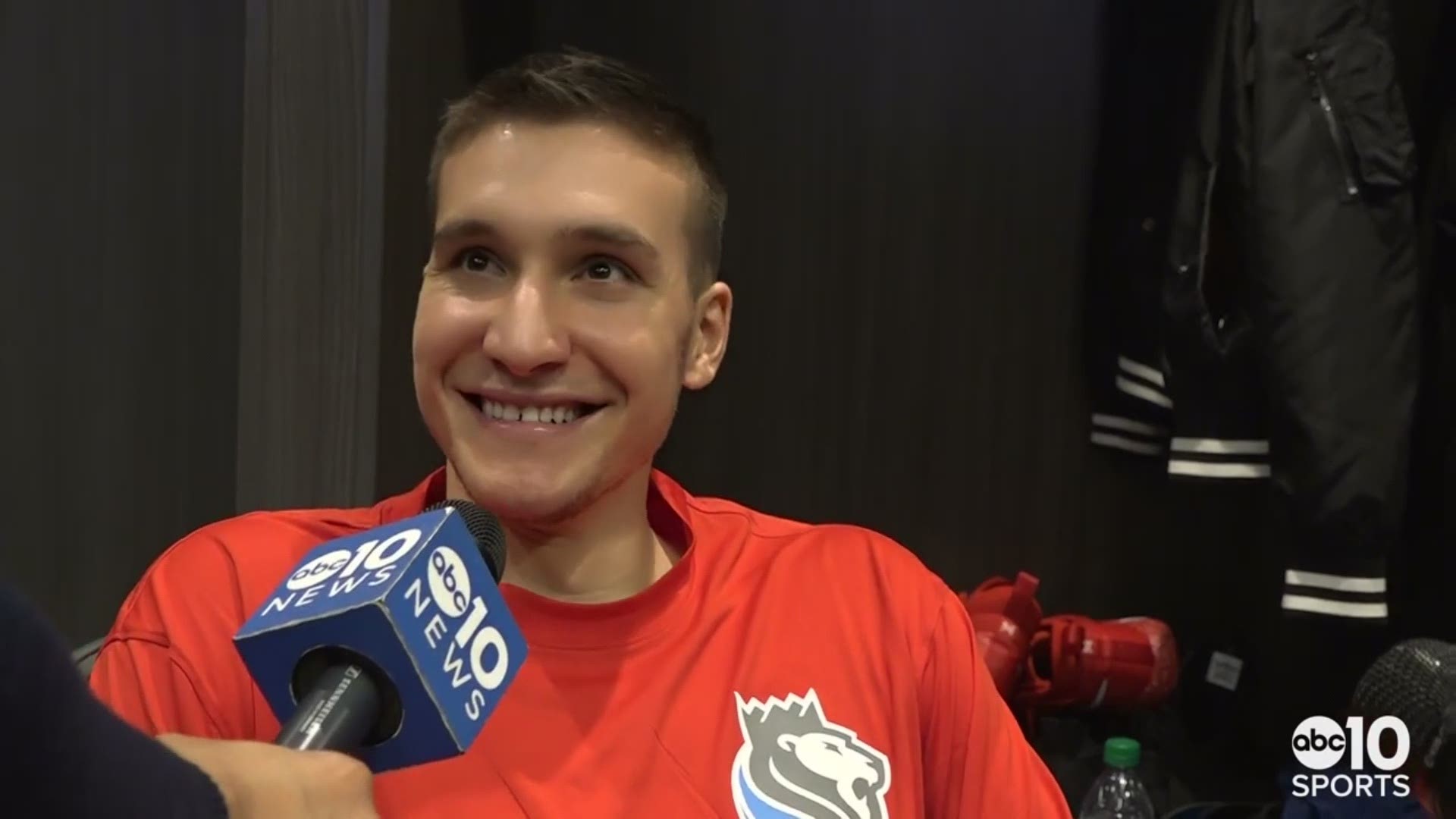 Bogdan Bogdanovic reacts to hitting the game-winning three-point shot for the Sacramento Kings in their 94-93 victory over the Oklahoma City Thunder on Wednesday.