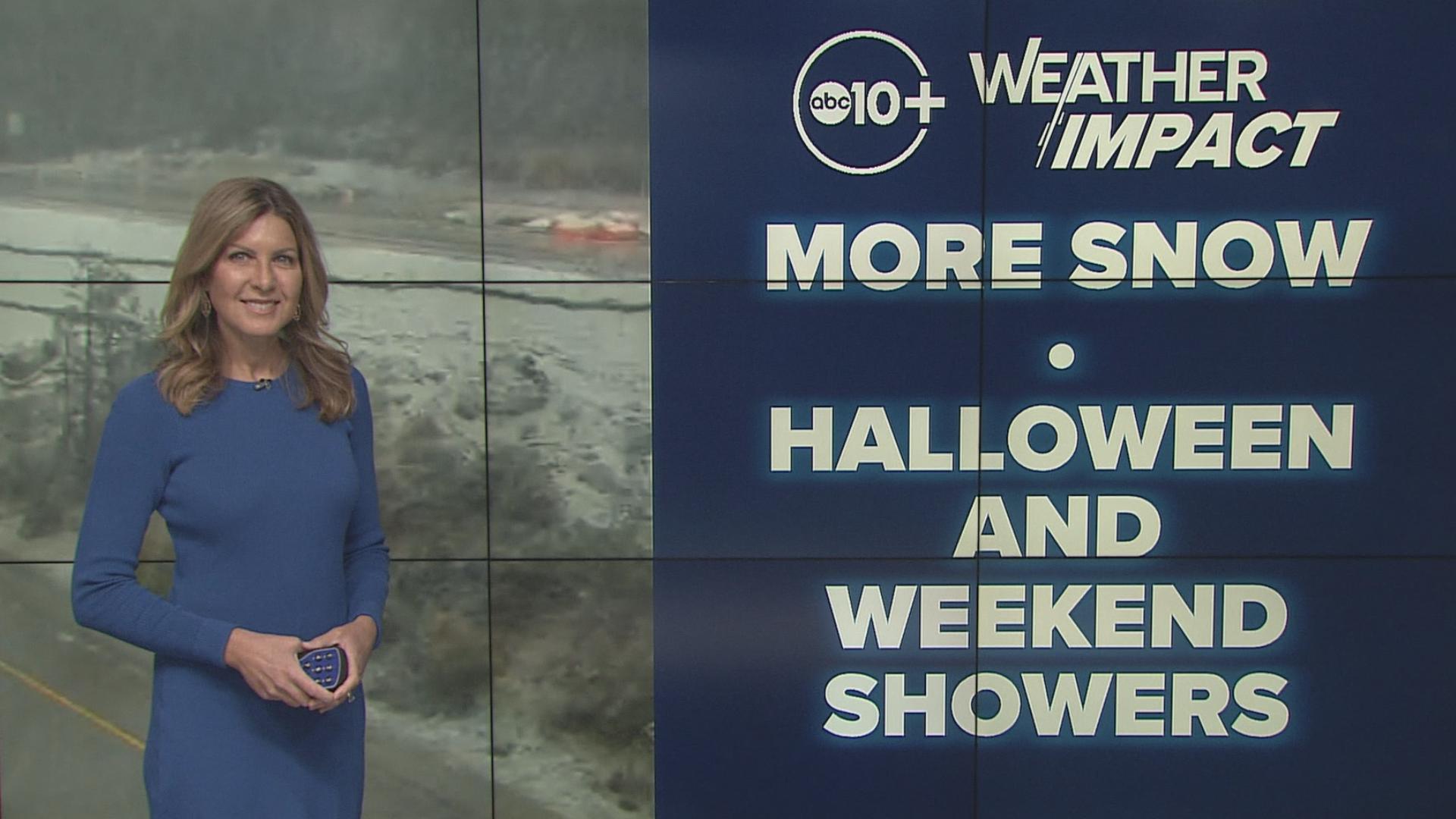 Another weather system looking more likely to bring showers on Halloween. More Sierra snow through the weekend.