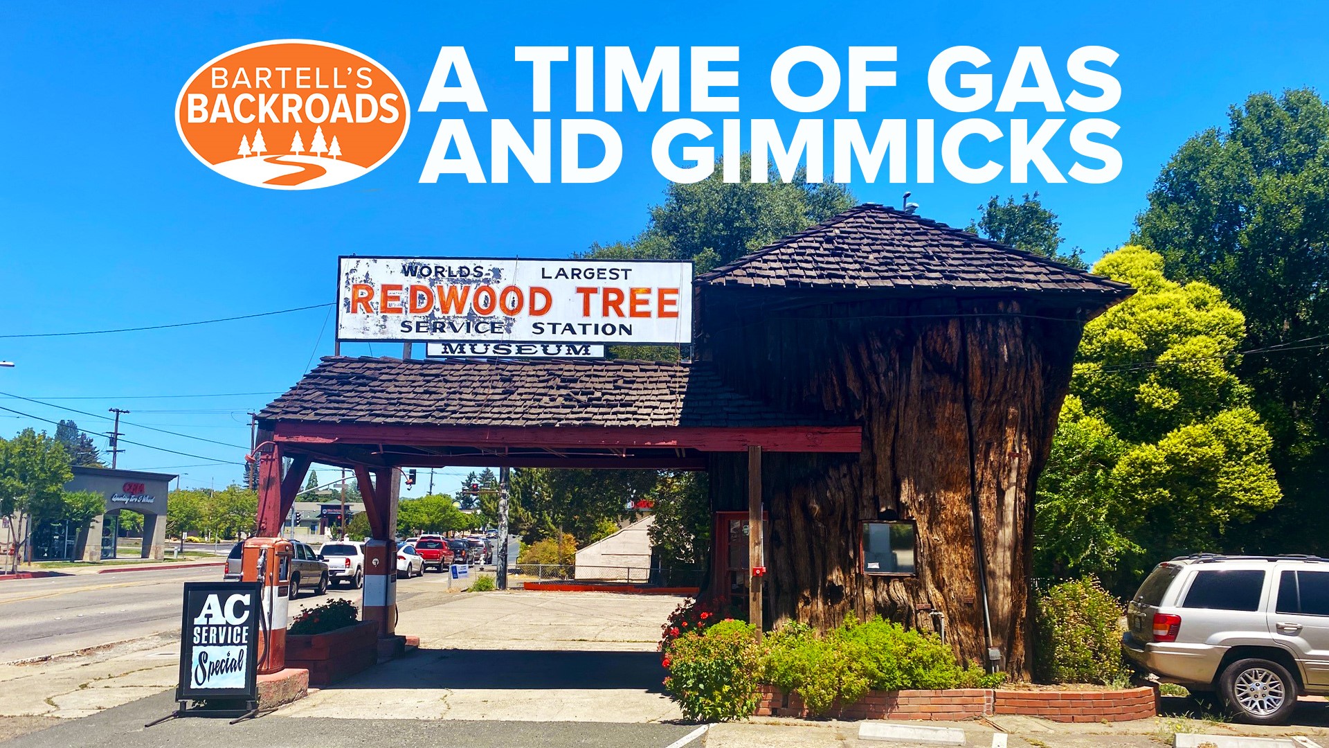 Once upon a time, gas stations needed low prices and a good gimmick. This one was built in a hollowed-out redwood tree.