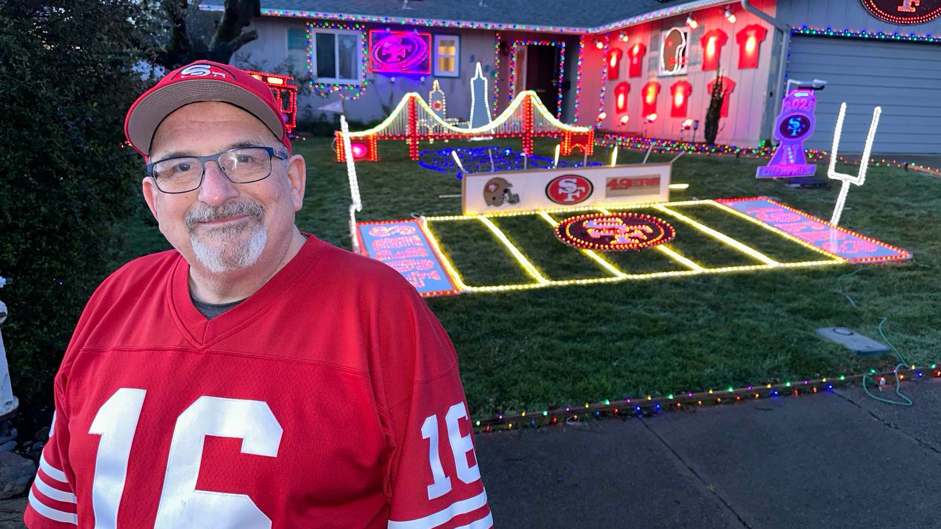 Sacramento 49ers fan decorates his house for Super Bowl 2024.