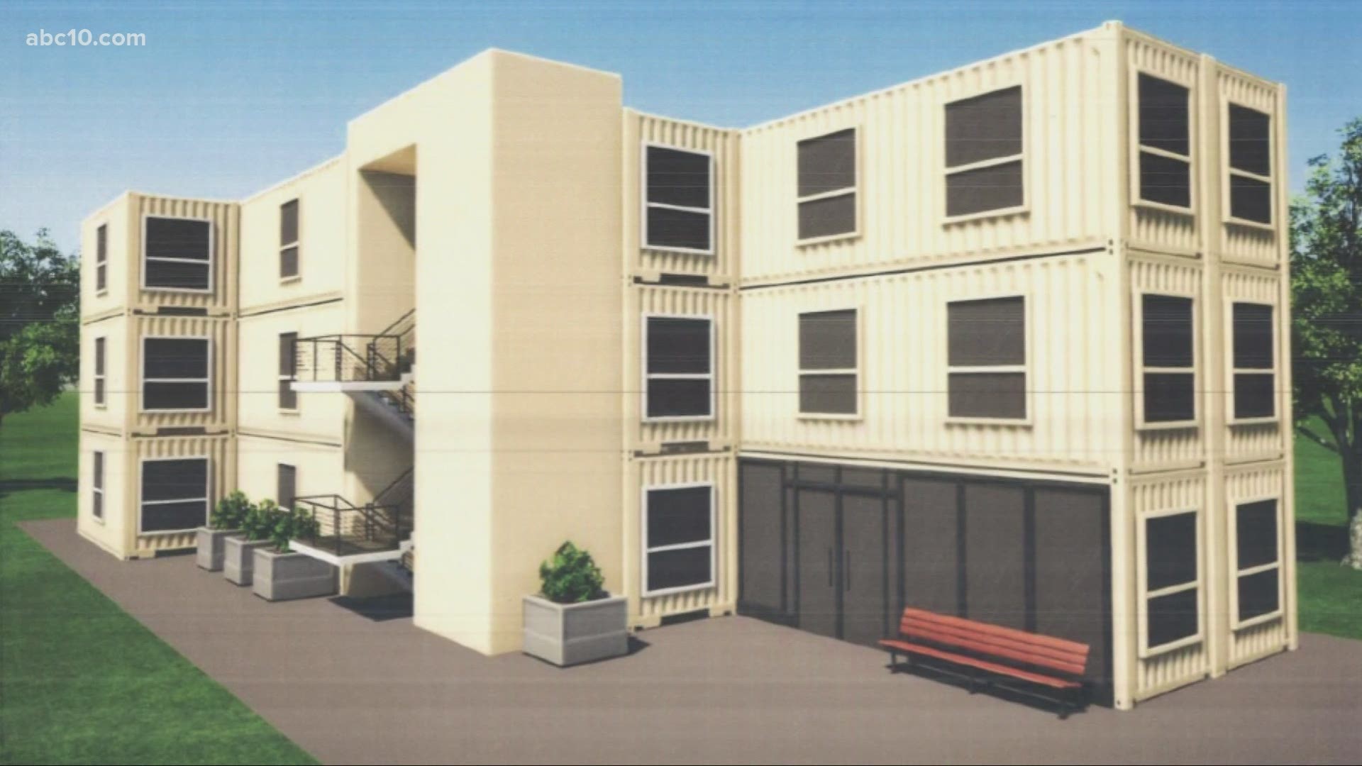 The Stockton homeless shelter's plan is to make a three-story, 90-bed men's facility created from shipping containers in about nine months.