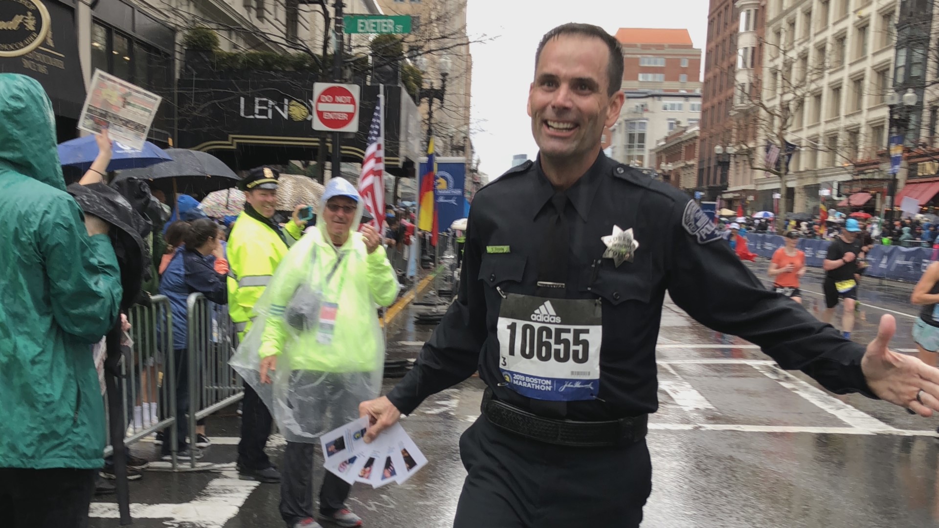 Modesto Police Detective Sean Dodge ran the 2019 Boston Marathon, in full uniform, to honor the memory of five fallen officers.