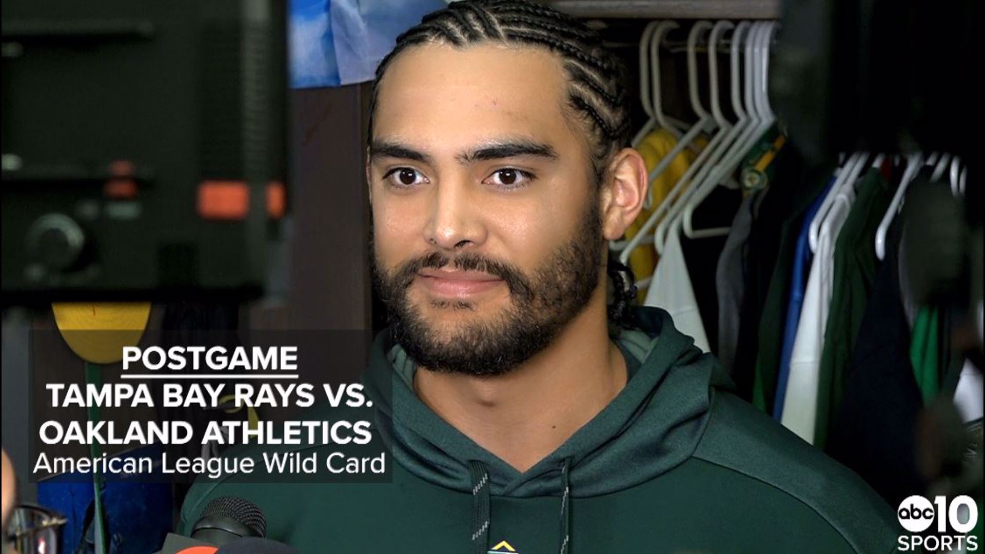 Oakland A's starting pitcher Sean Manaea addresses the media after a 5-1 loss to the Tampa Bay Rays in the American League Wild Card Game in his postseason debut.