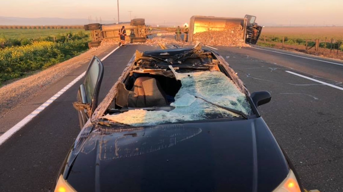 Car 'limbos' Between 2 Overturned Trailers, Reclined Seat Saves Resting ...