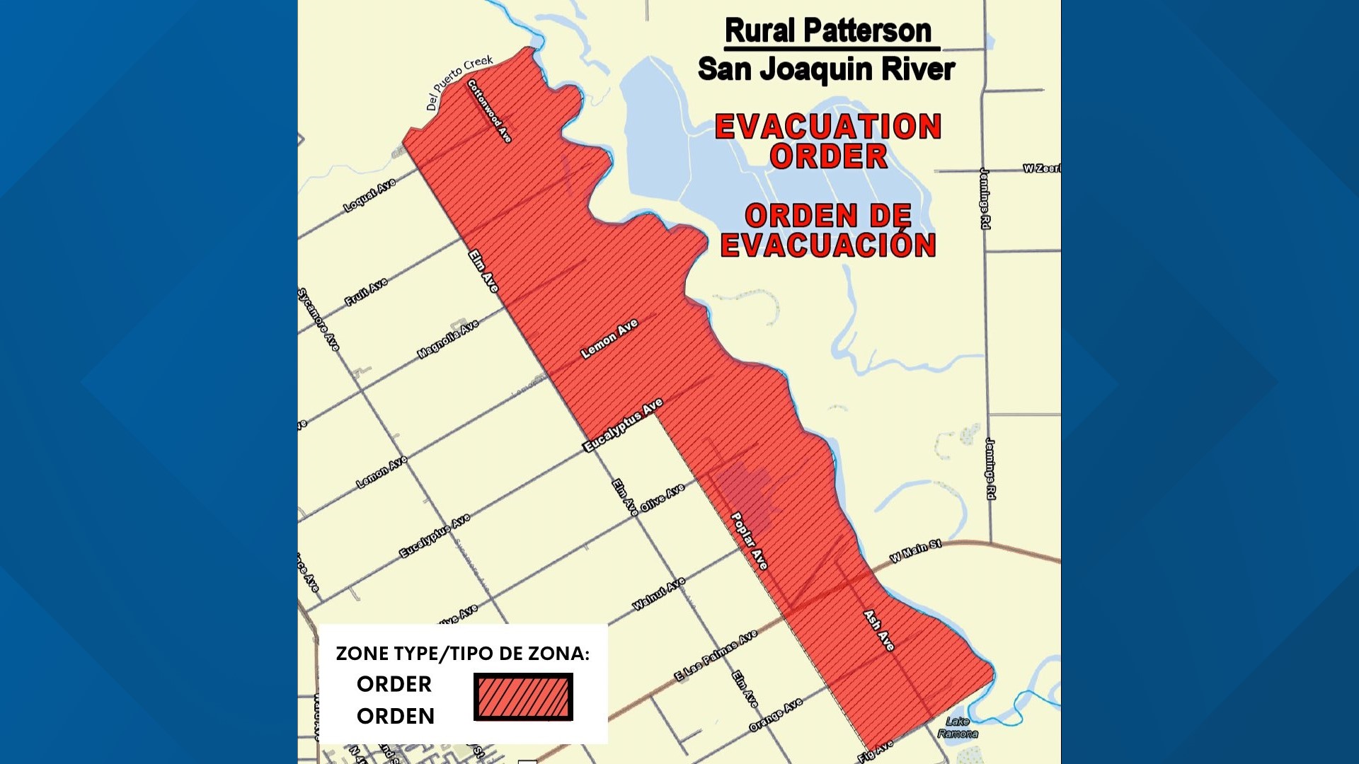 A water gauge located near the evacuation warning zone predicts the San Joaquin River will reach action stage in the area by Monday