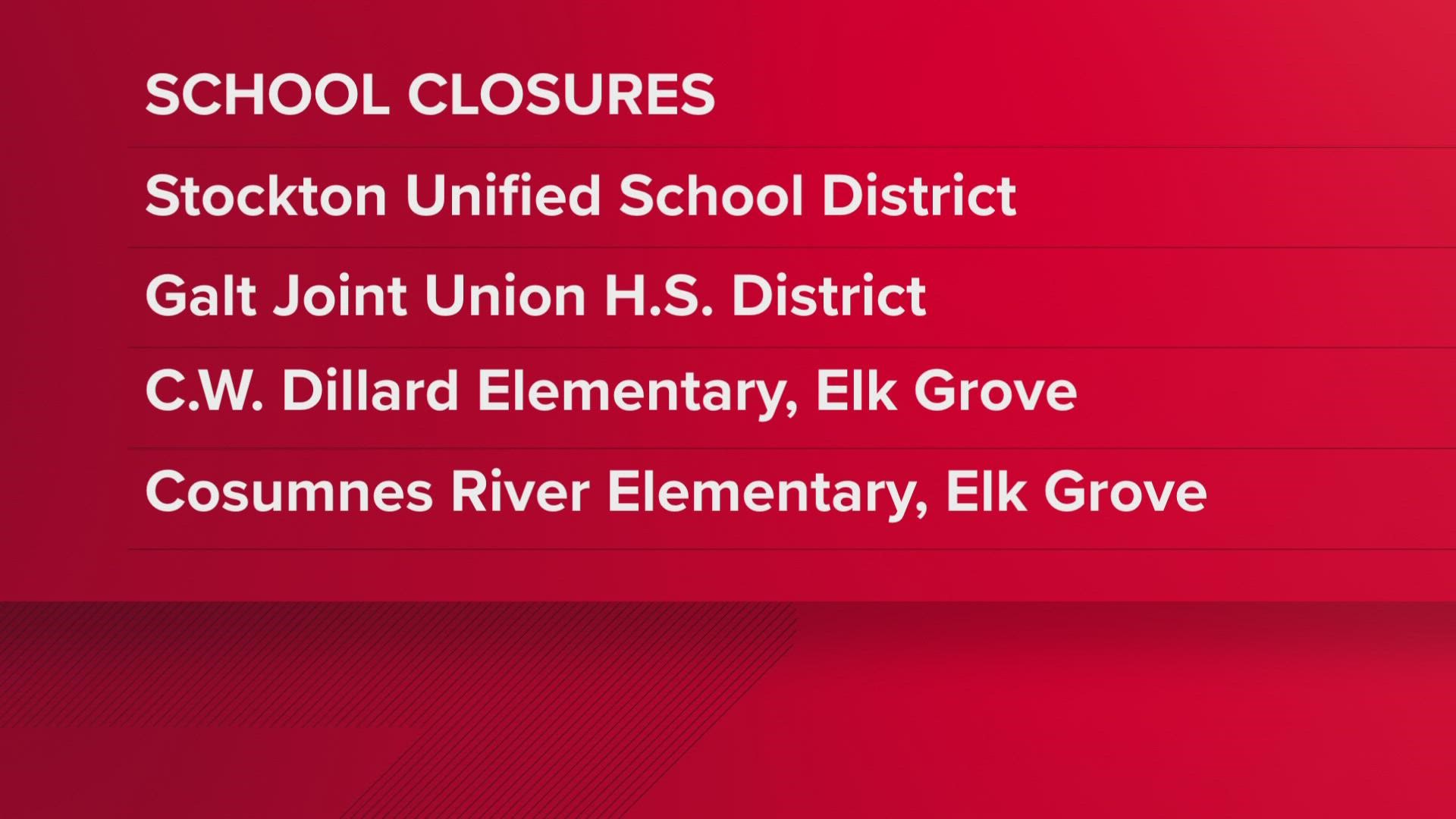 The Sacramento City, Stockton Unified, and Galt Join Union schools are closing their schools due to the winter storm.