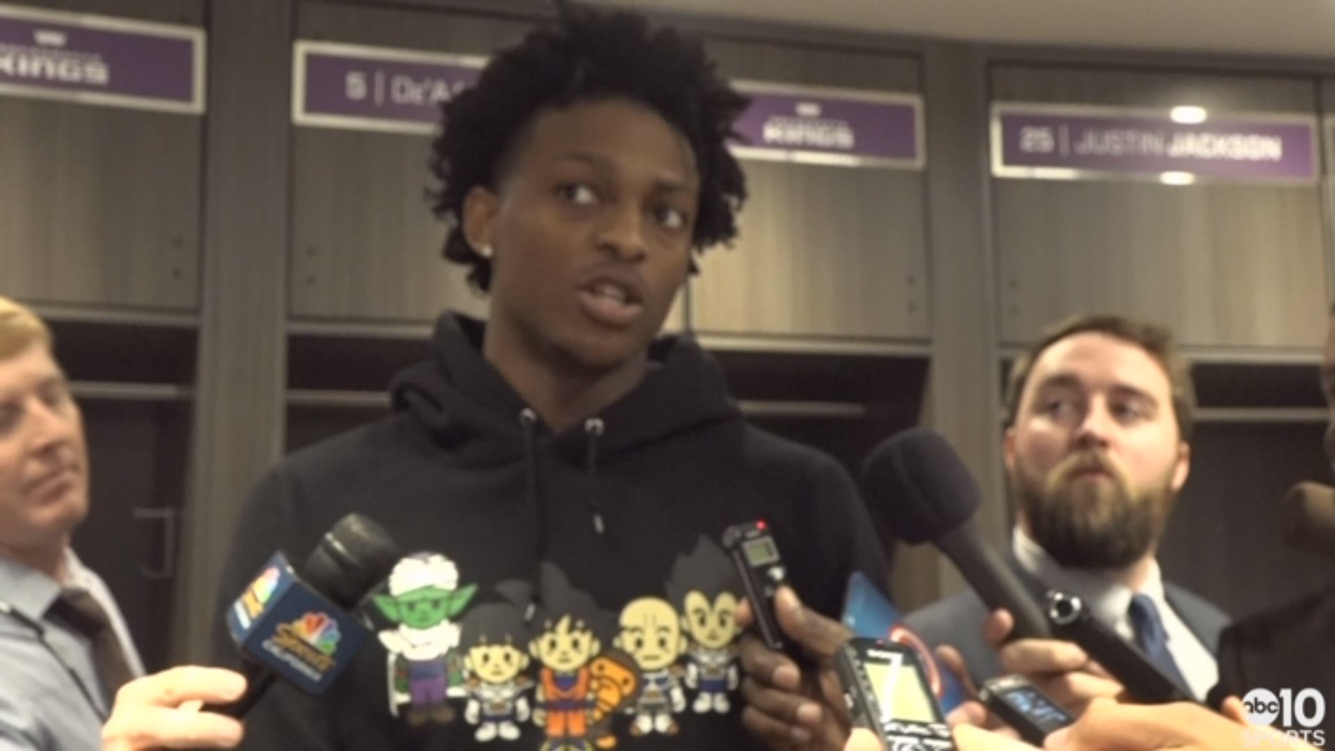 Kings point guard De'Aaron Fox discusses Monday's win in Sacramento over the San Antonio Spurs, the production from Harry Giles and his new three-point celebration being picked up by his teammates.