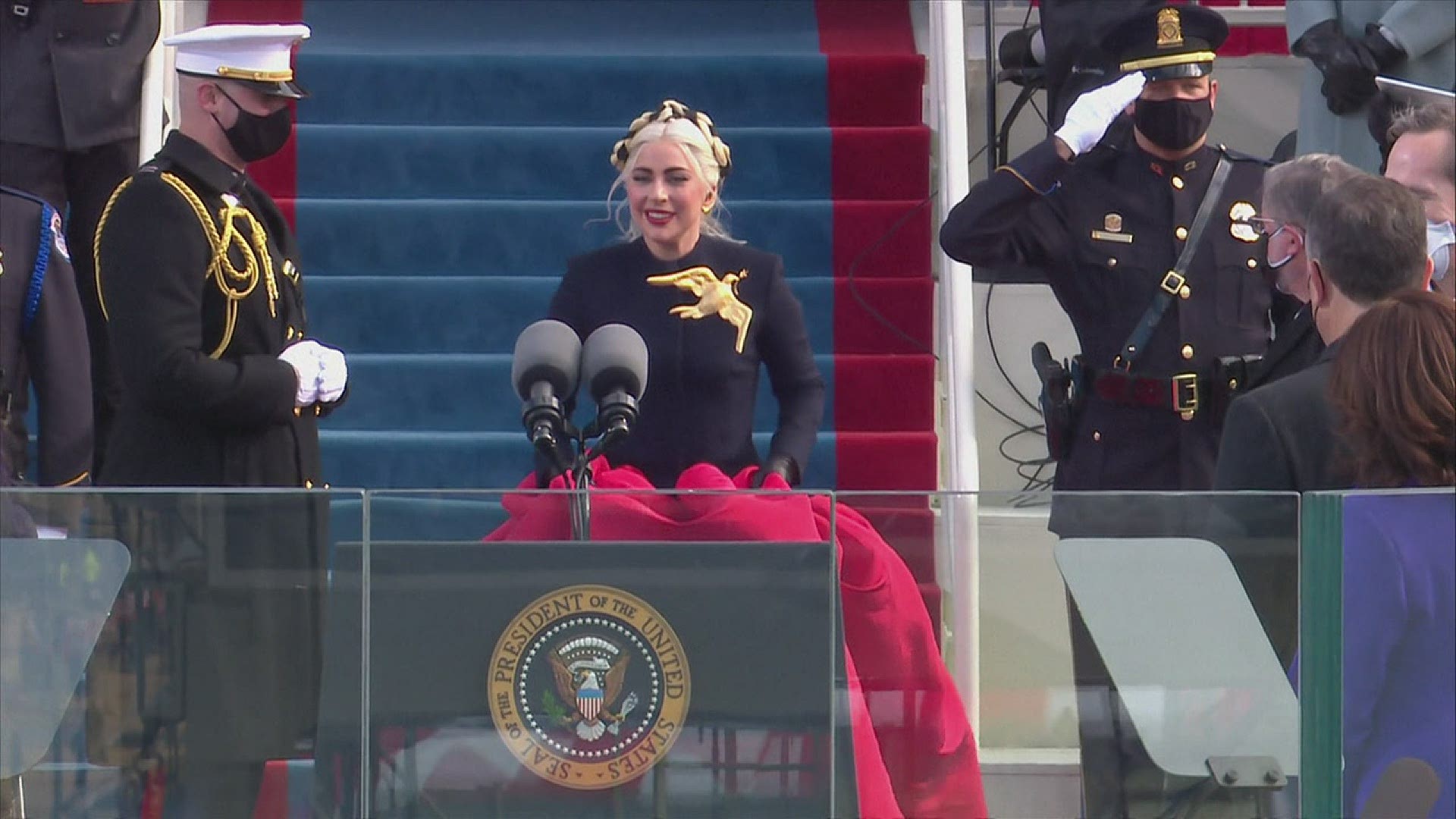 Lady Gaga performs the national anthem at the inauguration in Washington, D.C.