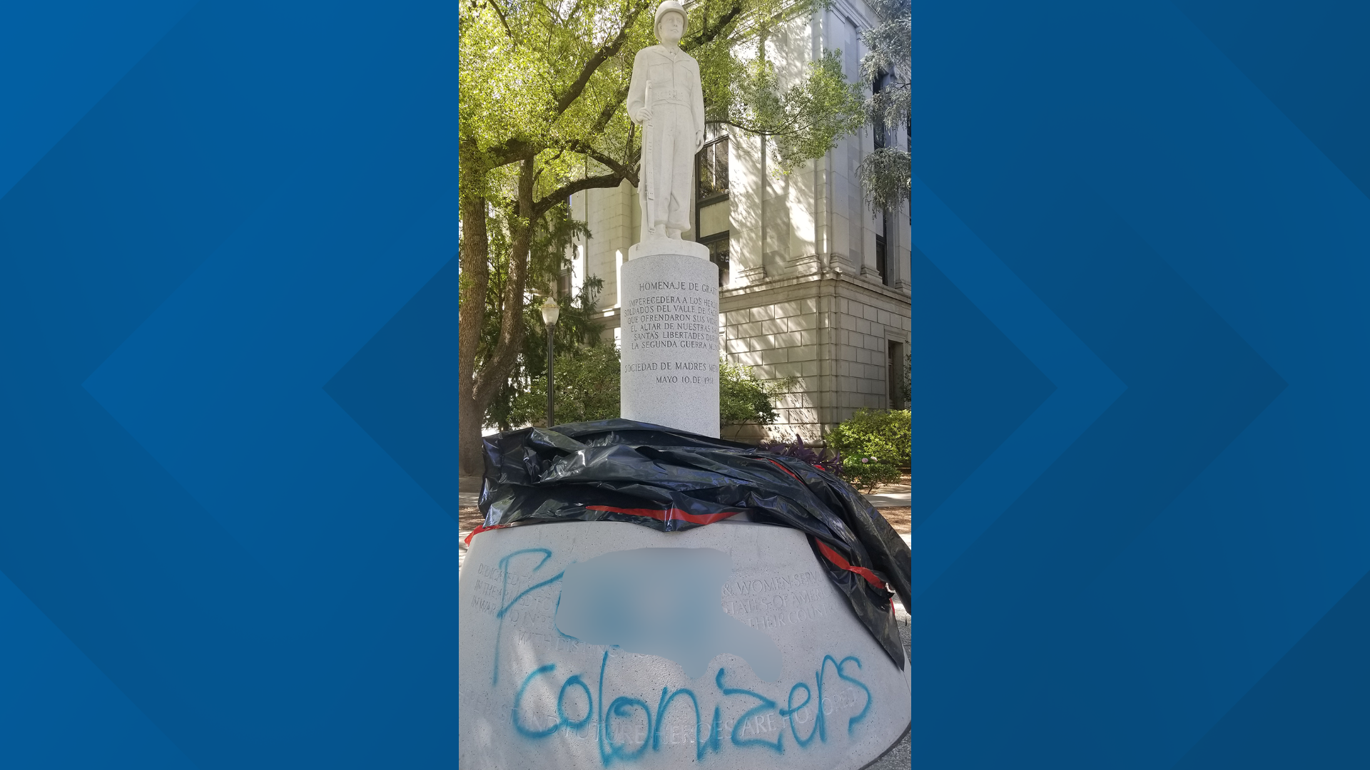 The vandalism of the 'El Soldado' monument allegedly happened the same weekend that protesters pulled down the statue of Father Junipero Serra.
