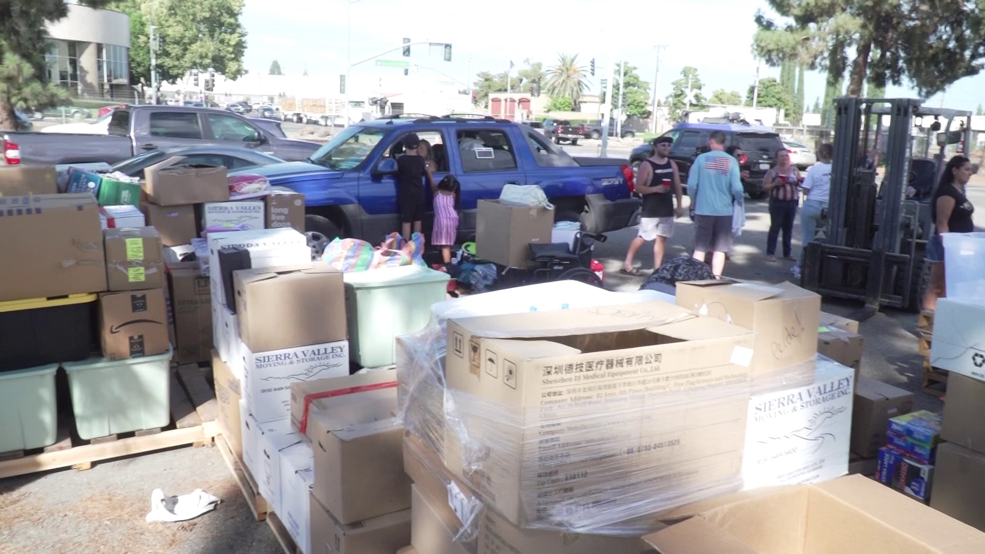 Household items, medical supplies, water, and food were collected and lined up at the Port of West Sacramento’s Harbor Blvd entrance.