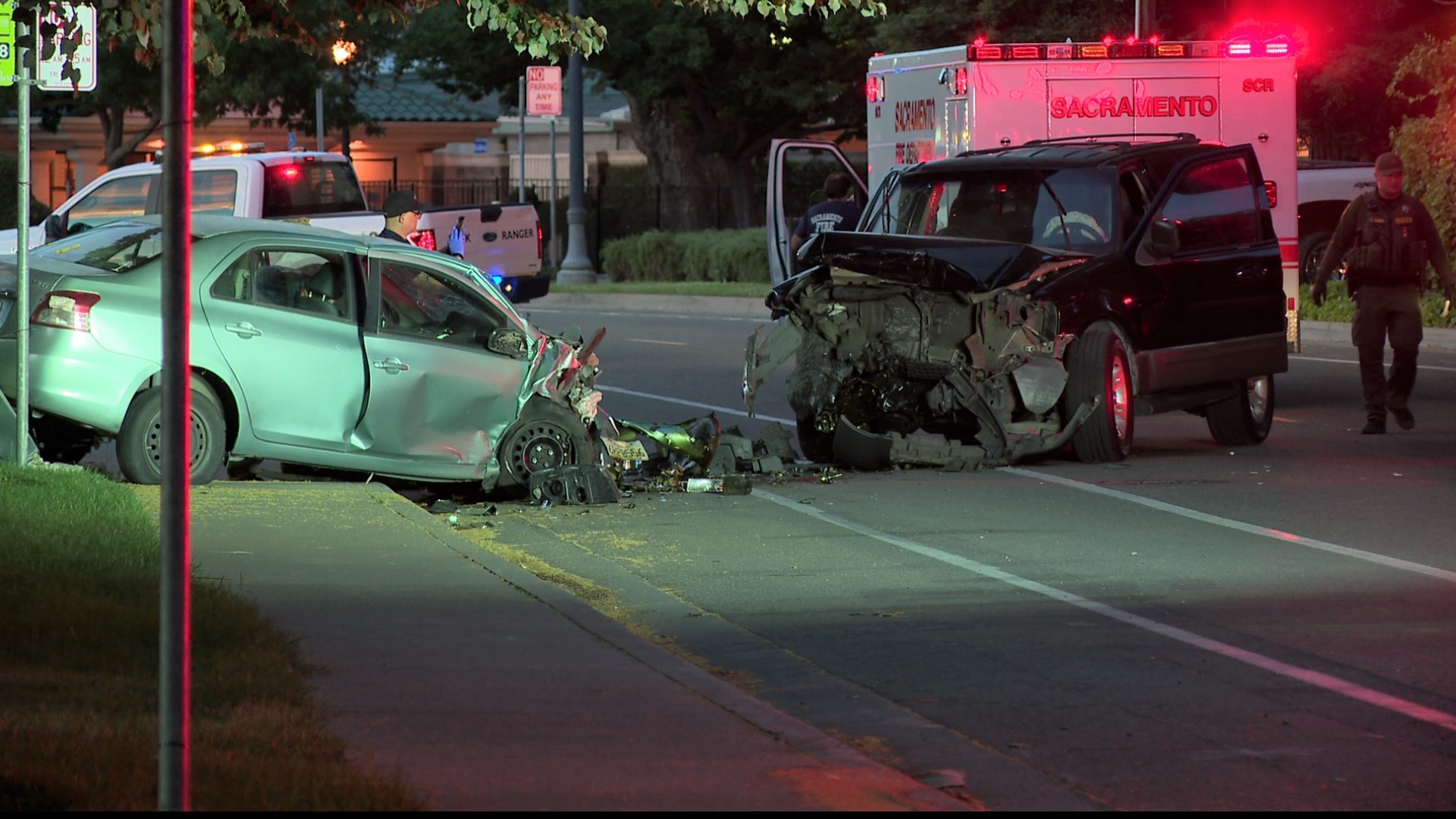 Two cars crashed head-on into each other on Front Street around 8 p.m.