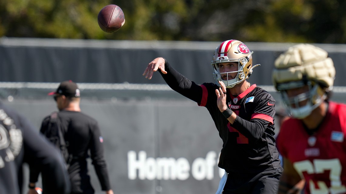 FILE - San Francisco 49ers quarterback Trey Lance (5) takes part in drills  at the NFL football team's practice facility in Santa Clara, Calif., on  June 7, 2022. Head coach Kyle Shanahan