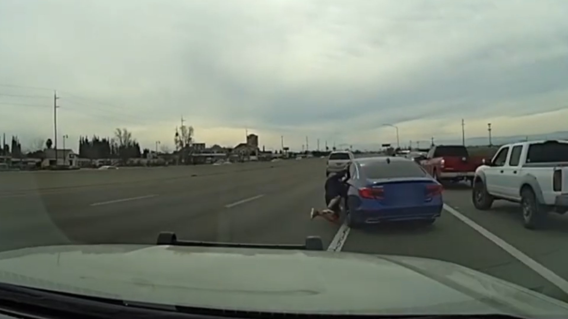 Lathrop police released new video that showed what led up to a suspect being shot by police along Interstate 5 in January.