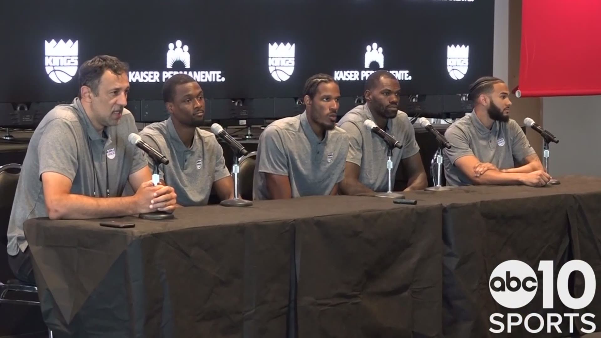 The Sacramento Kings general manager Vlade Divac introduces the team’s free agent signings Harrison Barnes, Trevor Ariza, Dewayne Dedmon and Cory Joseph during a press conference at Thomas & Mack Center in Las Vegas.