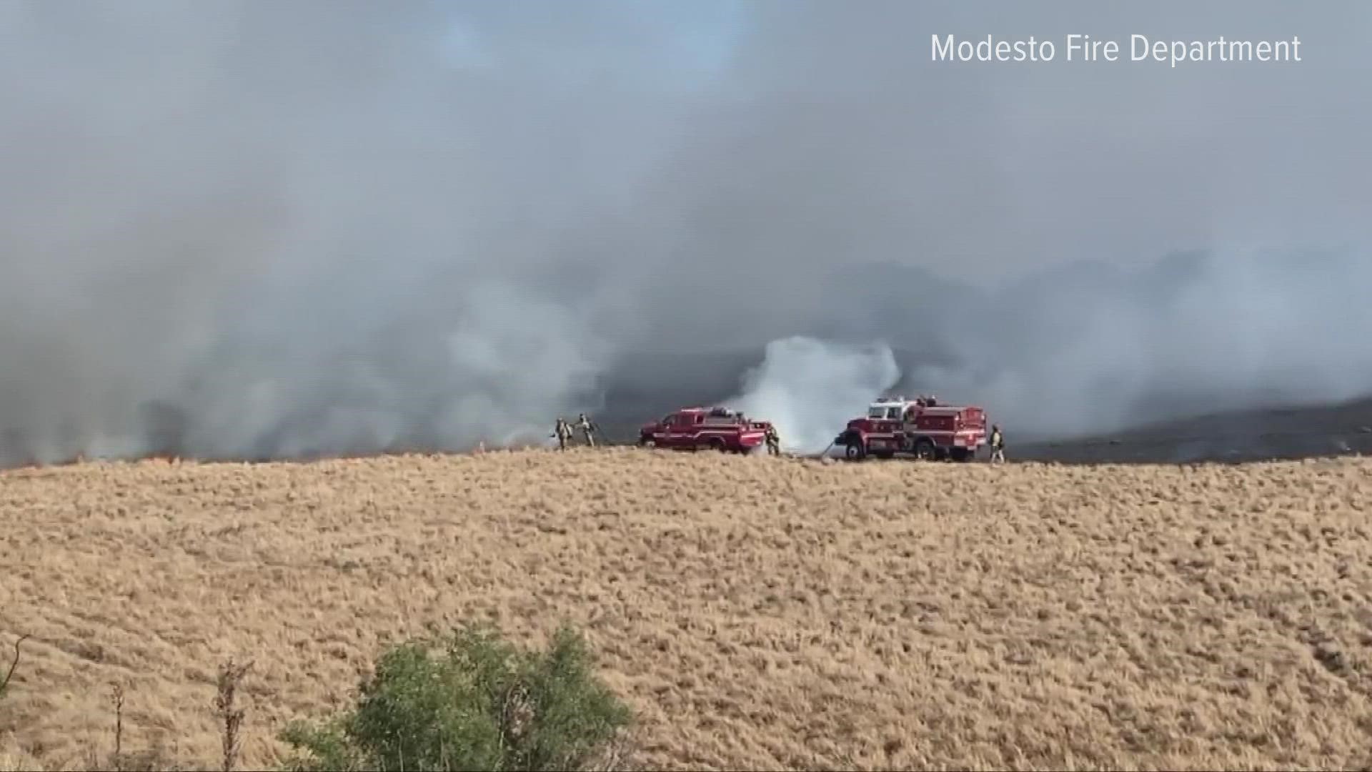 Now in clean-up mode, Modesto firefighters transported one person to the hospital via air lift after suffering from burns from 21-acre brush fire in the area.