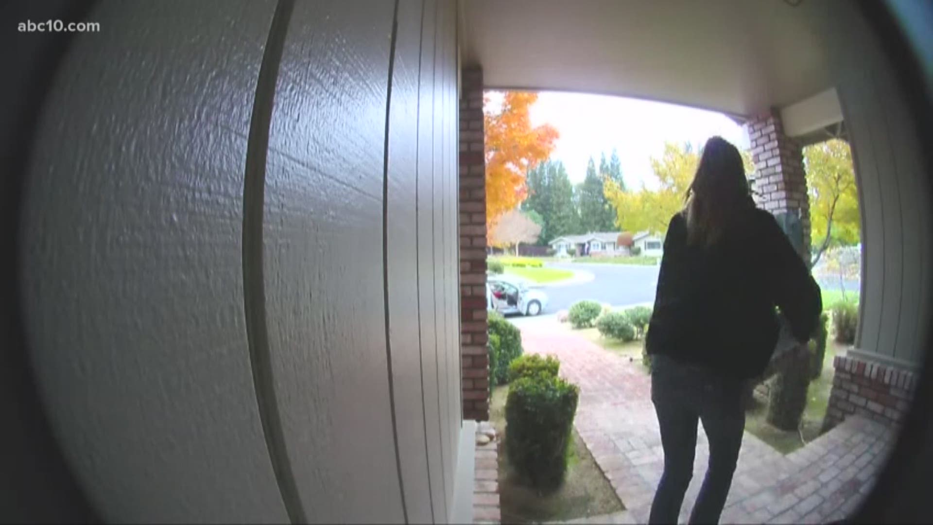 Surveillance video from the incidents show a woman exiting a car from the passenger seat, walking up to the porch and stealing the packages.