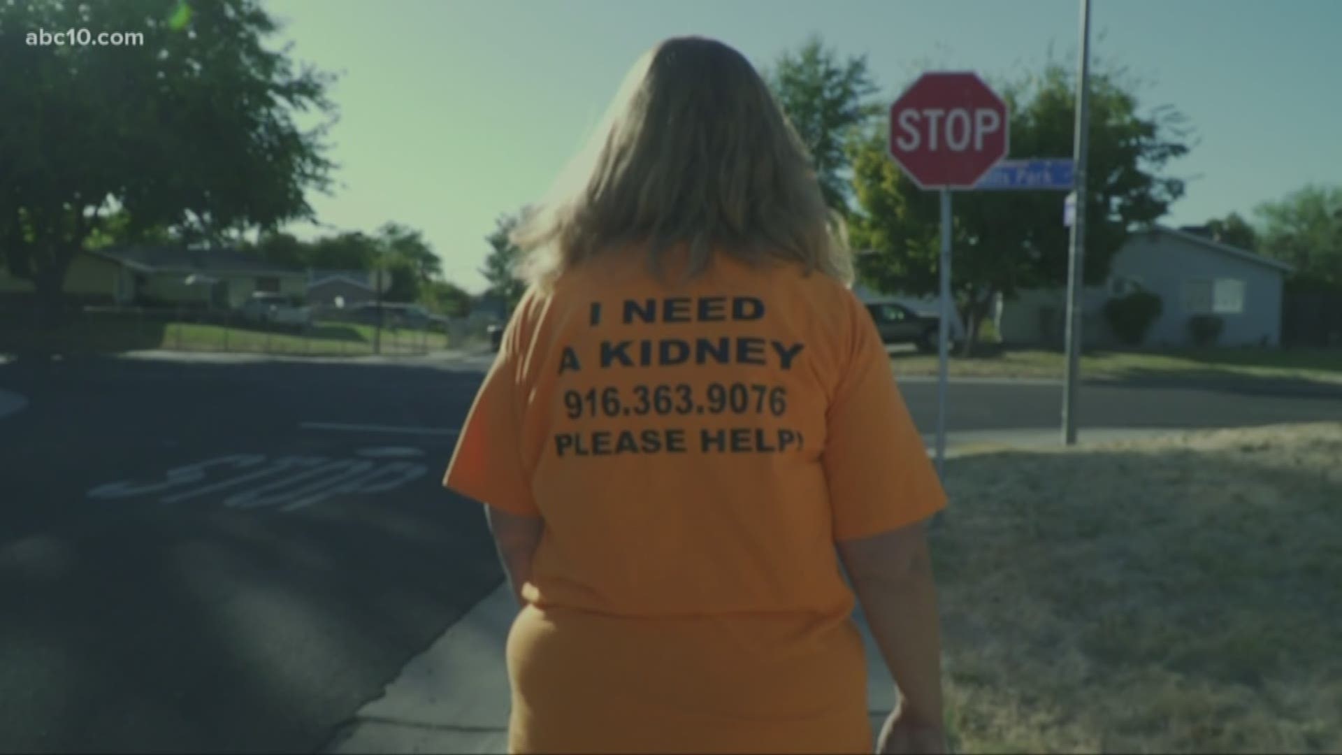 April Simmons of Rancho Cordova walks several miles a day and goes out with her "I need a kidney" T-shirt. She started it this summer.