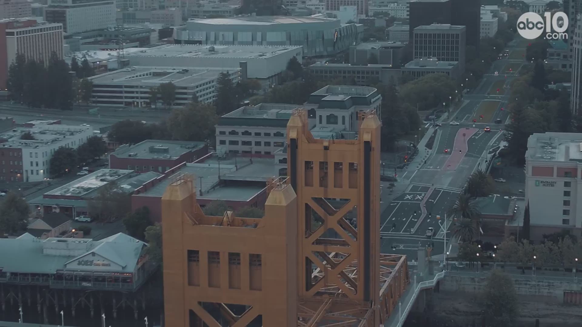 Aerial footage of the Tower Bridge in Sacramento.