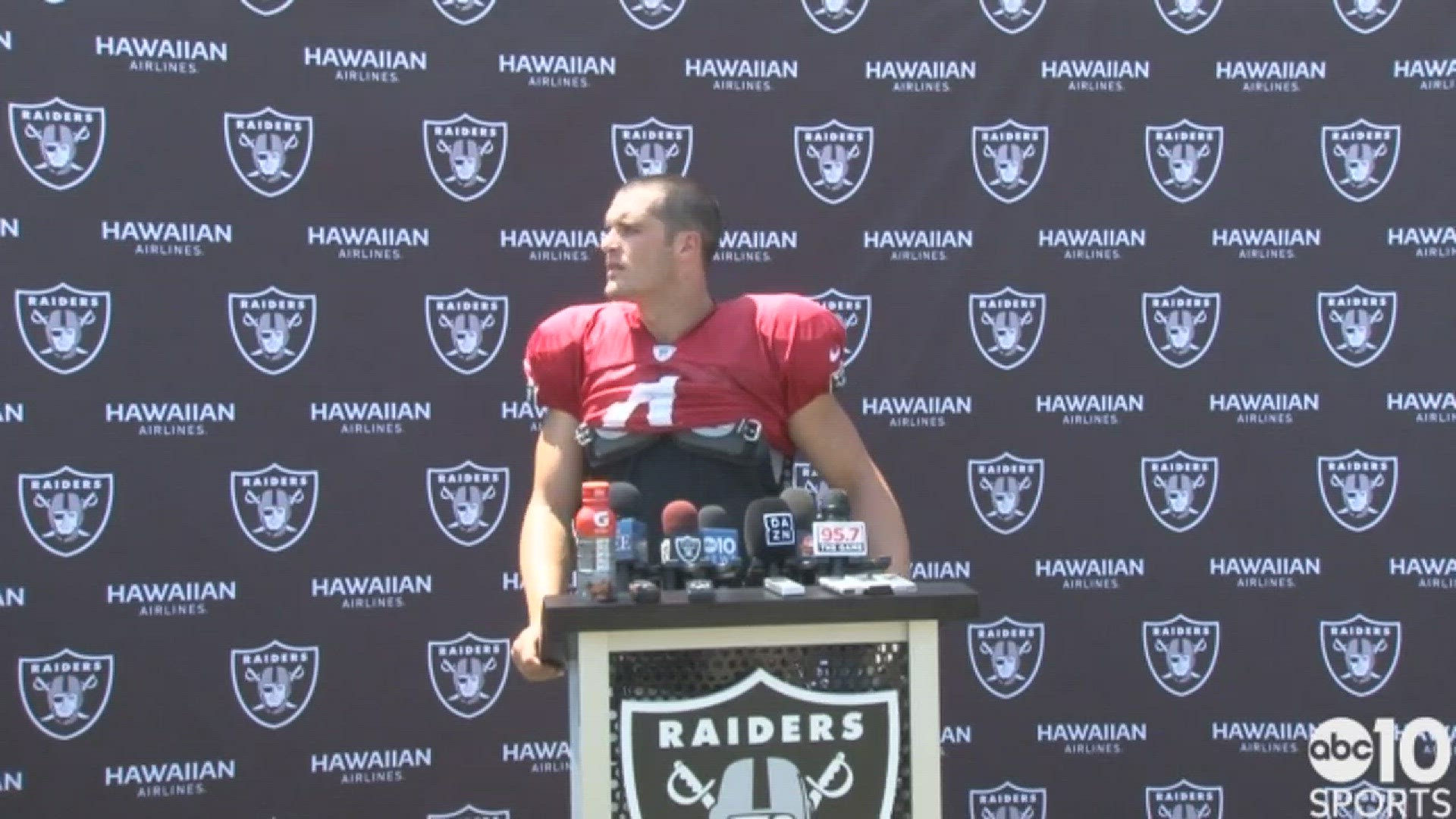 Oakland Raiders quarterback Derek Carr talks about the team's preparations for the team's first preseason test on Saturday against the Arizona Cardinals, rookie and Auburn native Eddie Vanderdoes catching his eye, and the advice to rookies in camp.