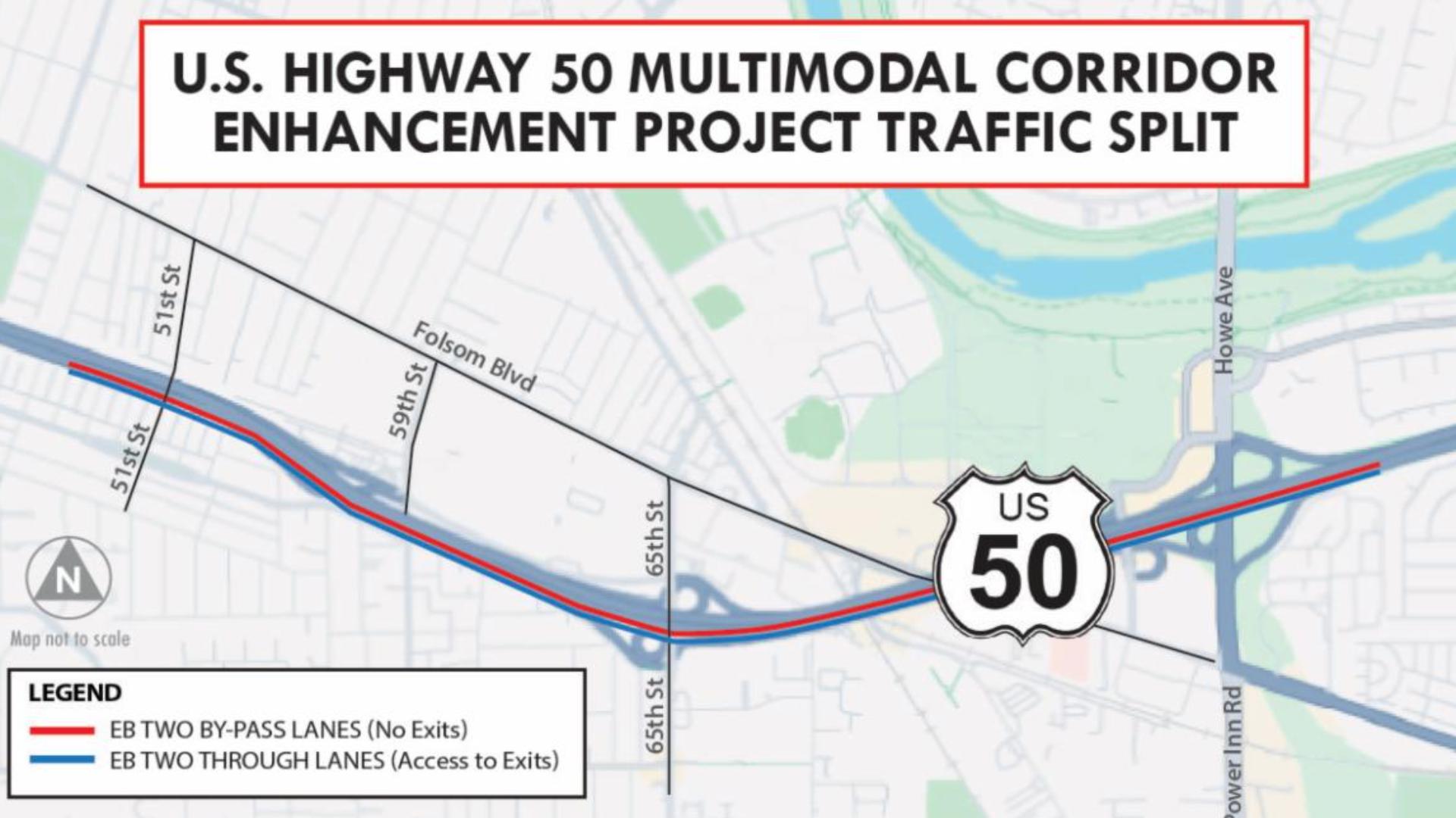 Crews started work on the new alignment Monday, April 14. According to Caltrans, the shift is needed to rehabilitate the pavement in the far left lanes of EB Hwy 50