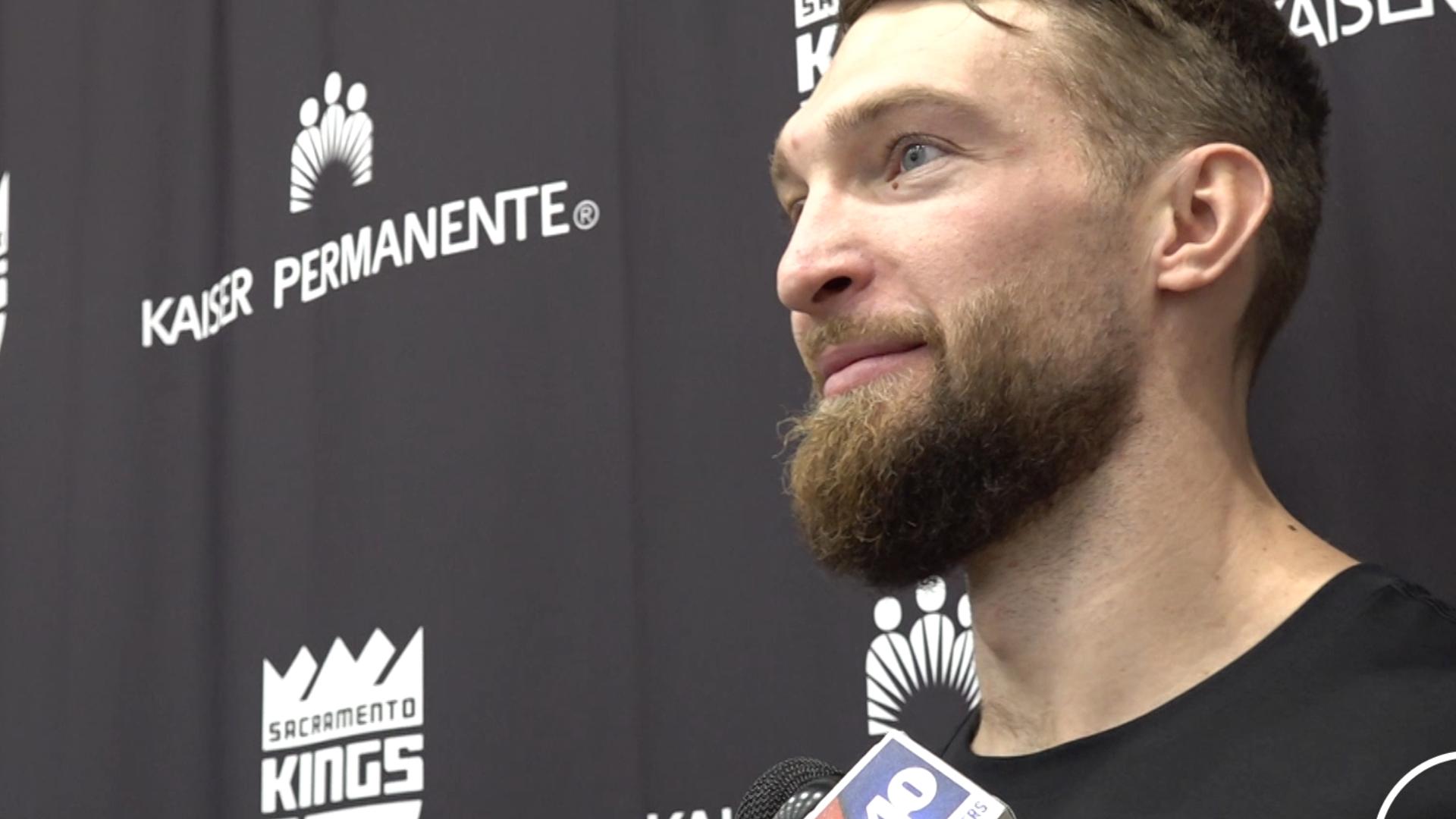 Sacramento Kings' Domantas Sabonis discusses that when the team makes shots, 'you have bodies' in half-court transition, which makes it easier to make defensive play