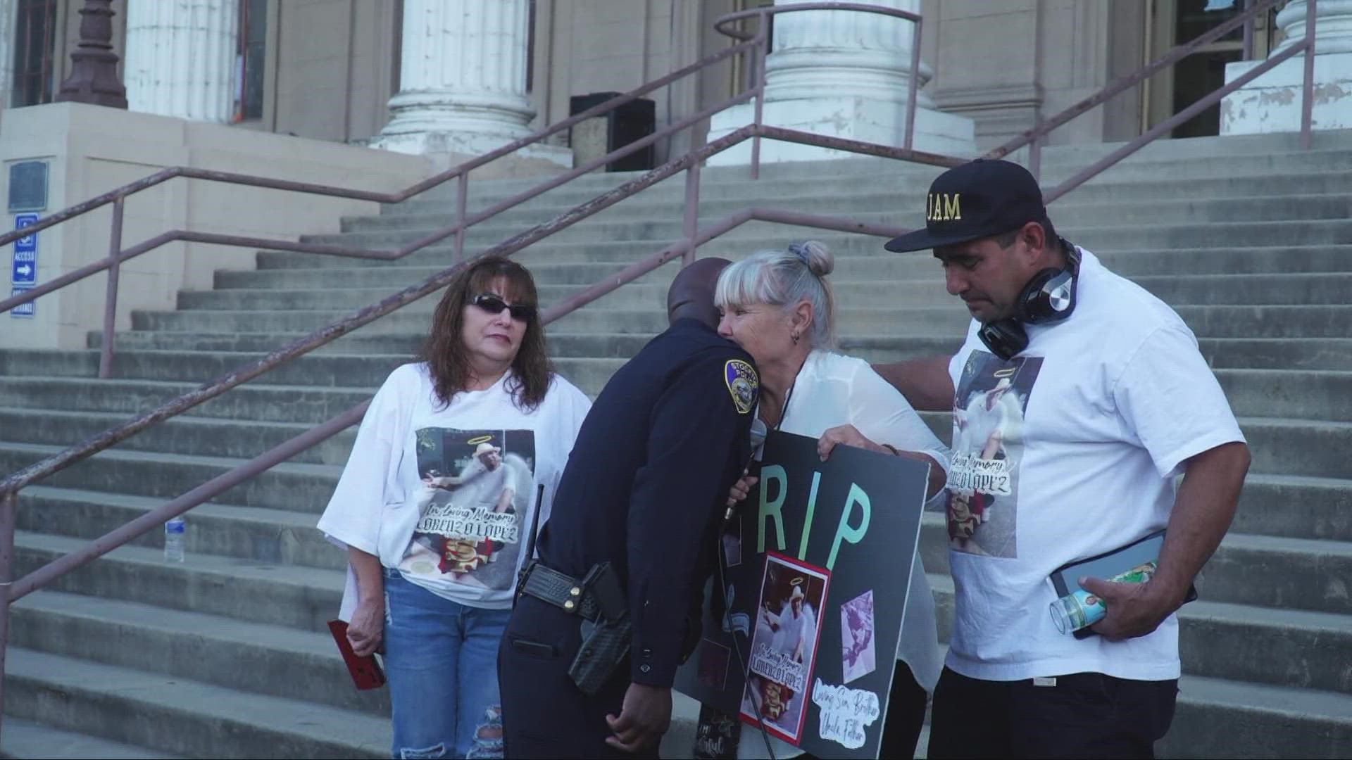 City leaders and family members expressed sorrow and messages of gratitude in an emotional evening on the steps of Stockton City Hall.