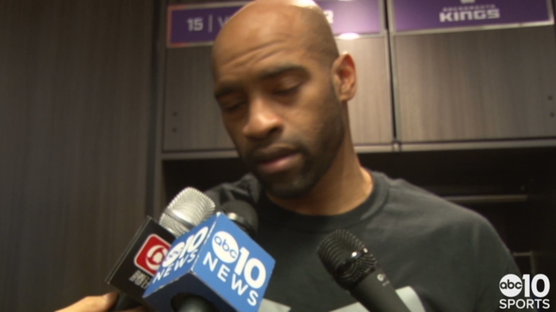 Following the Warriors victory over the Kings in Sacramento on Saturday night, an emotional Vince Carter talks about his flagrant foul on Golden State's Patrick McCaw , which resulted in him being stretchered off the court and to the UC Davis Medical Cent