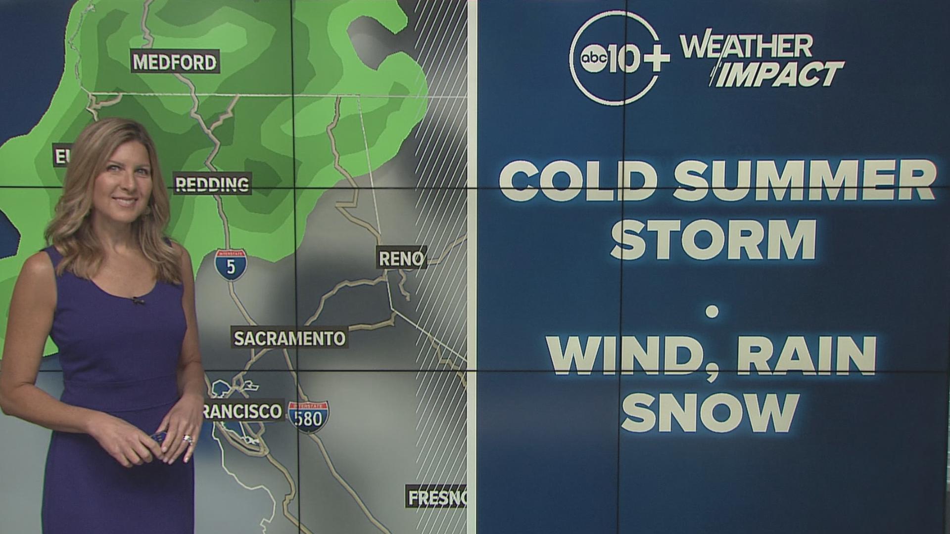 An unseasonably cold summer storm will move into Northern California Thursday through Saturday. Tracking possible showers and Sierra snow.