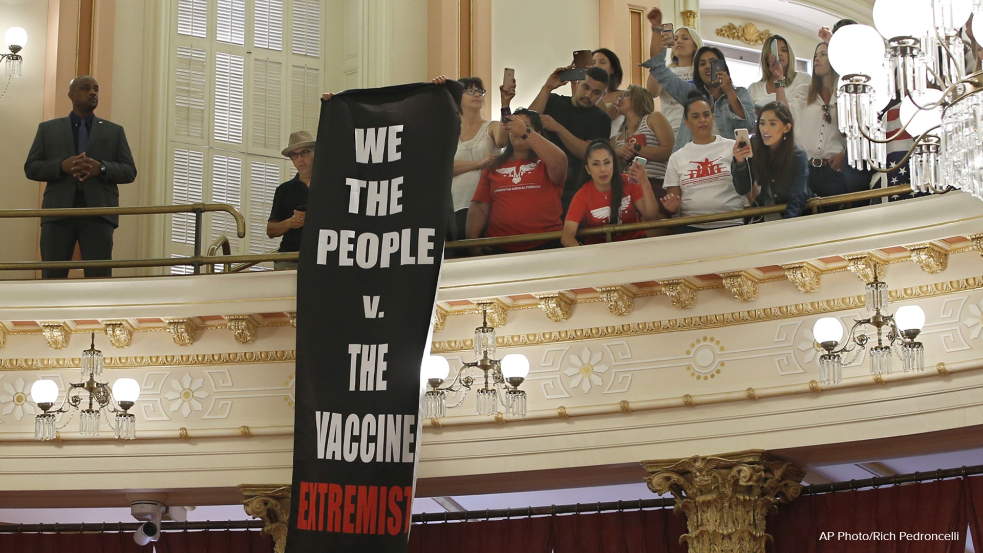 California’s Capitol was buzzing Monday with people protesting a bill that would make it harder to get a medical exemption for vaccinating their children.