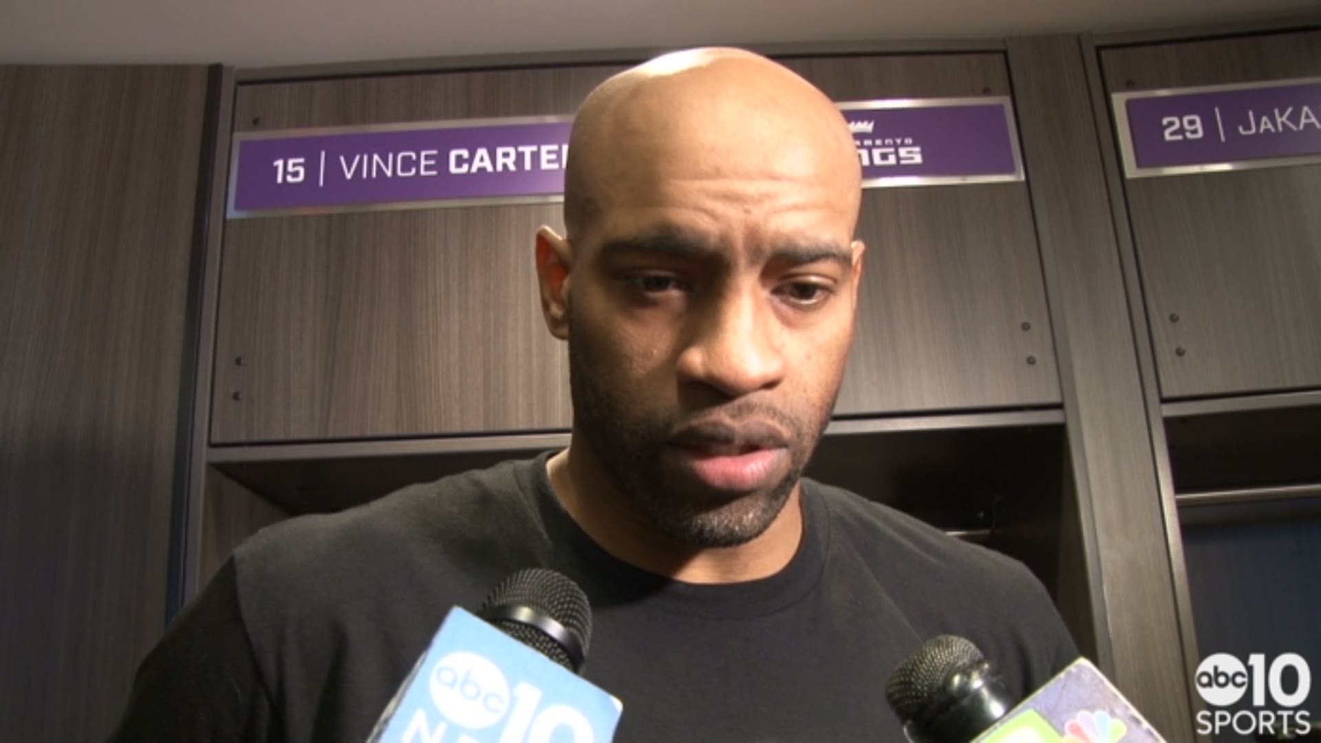 Kings forward Vince Carter discusses playing in Thursday's game in Sacramento against the Hawks while protests for the police shooting death of Stephon Clark were happening outside the Golden 1 Center.