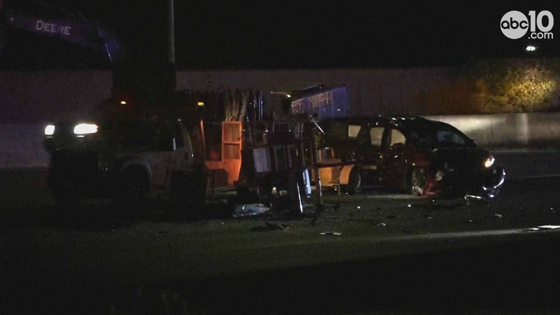 A deadly crash along Interstate 5 in Sacramento left one maintenance worker dead and another in the hospital Wednesday evening.
