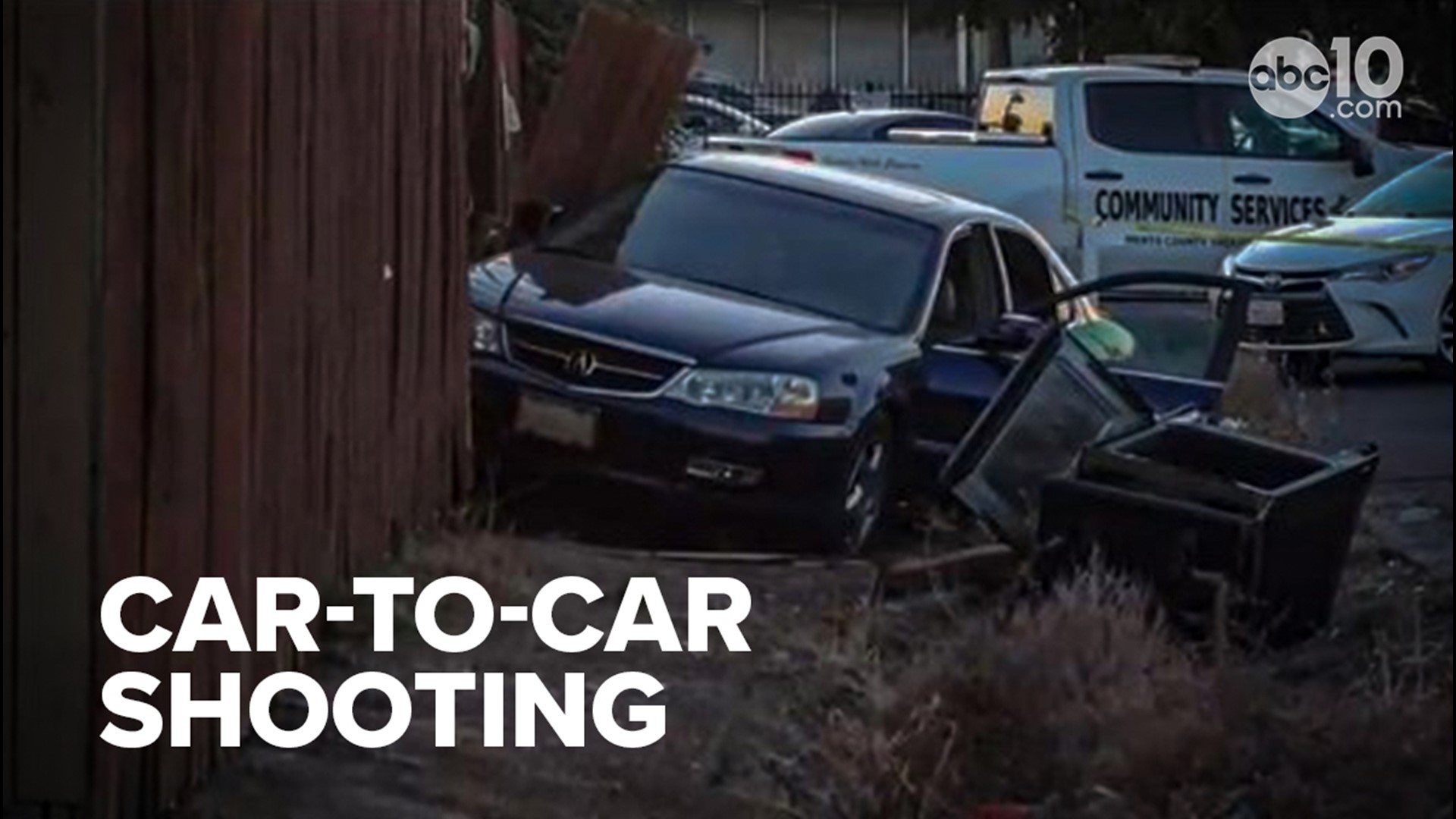 Deputies with the Sacramento County Sheriff's Office say a car crashed into a fence as a result of a vehicle-to-vehicle shooting, Thursday.