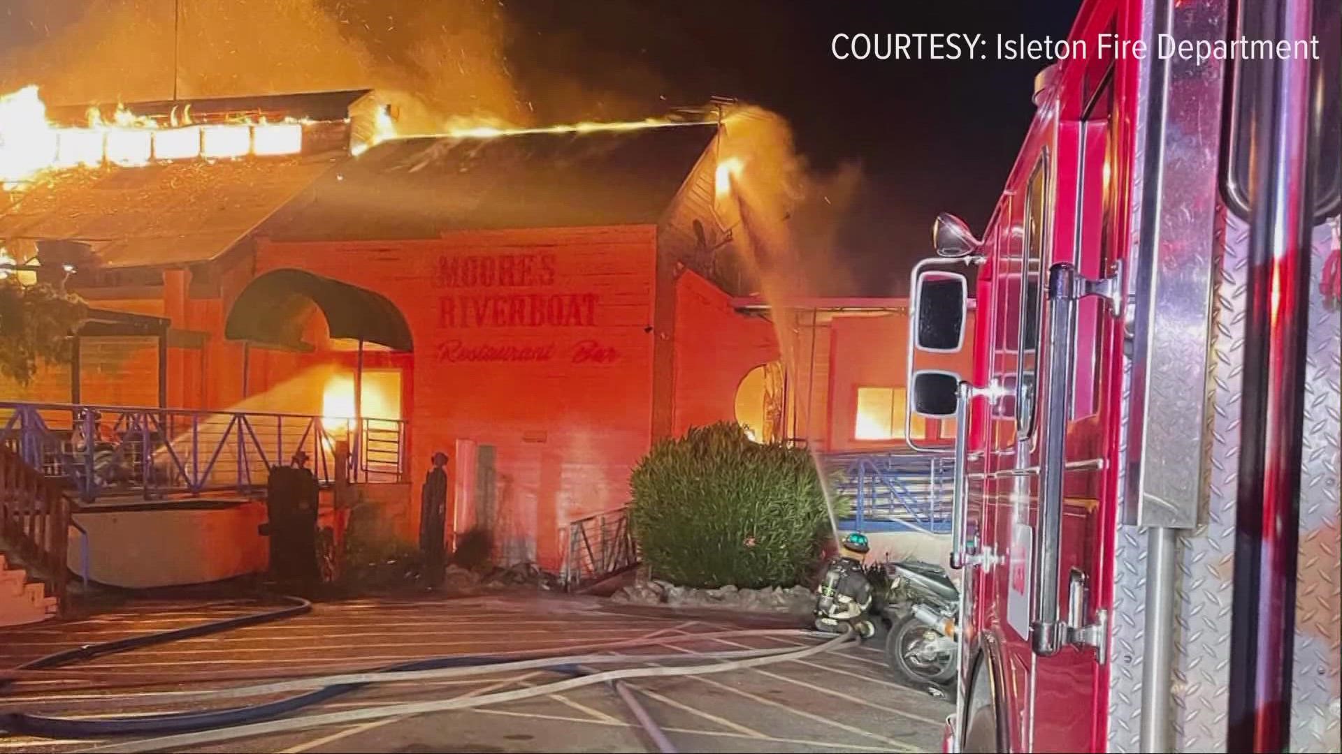 River Delta Fire District said when firefighters arrived at the scene, there were heavy flames coming through the roof of the Moore's Riverboat Restaurant.